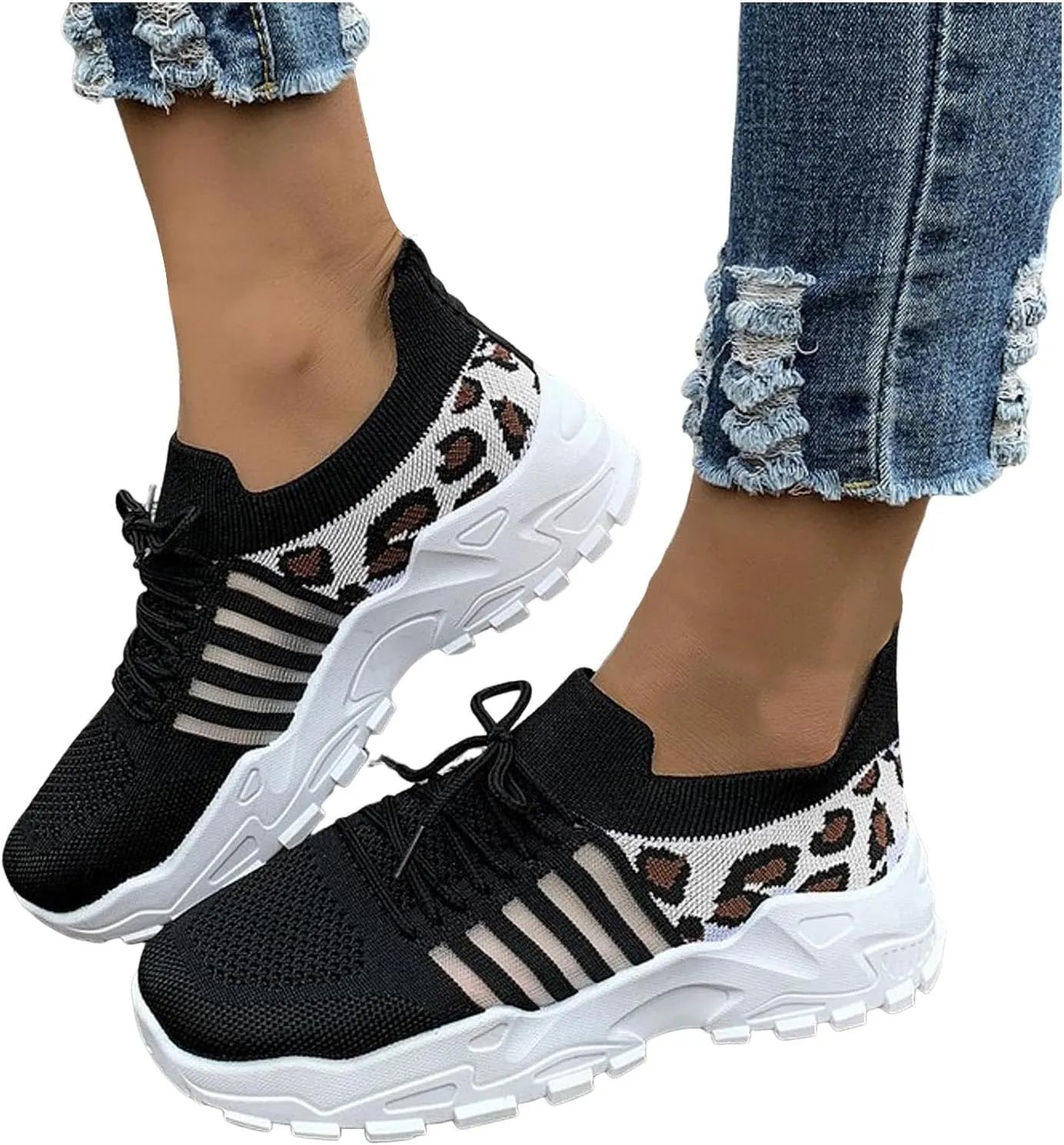 Sandals for Women Wedge Shoes Women's Fashion Mesh Cloth Leopard Print Sneakers Breathable Non Slip Lace Up Casual Shoes