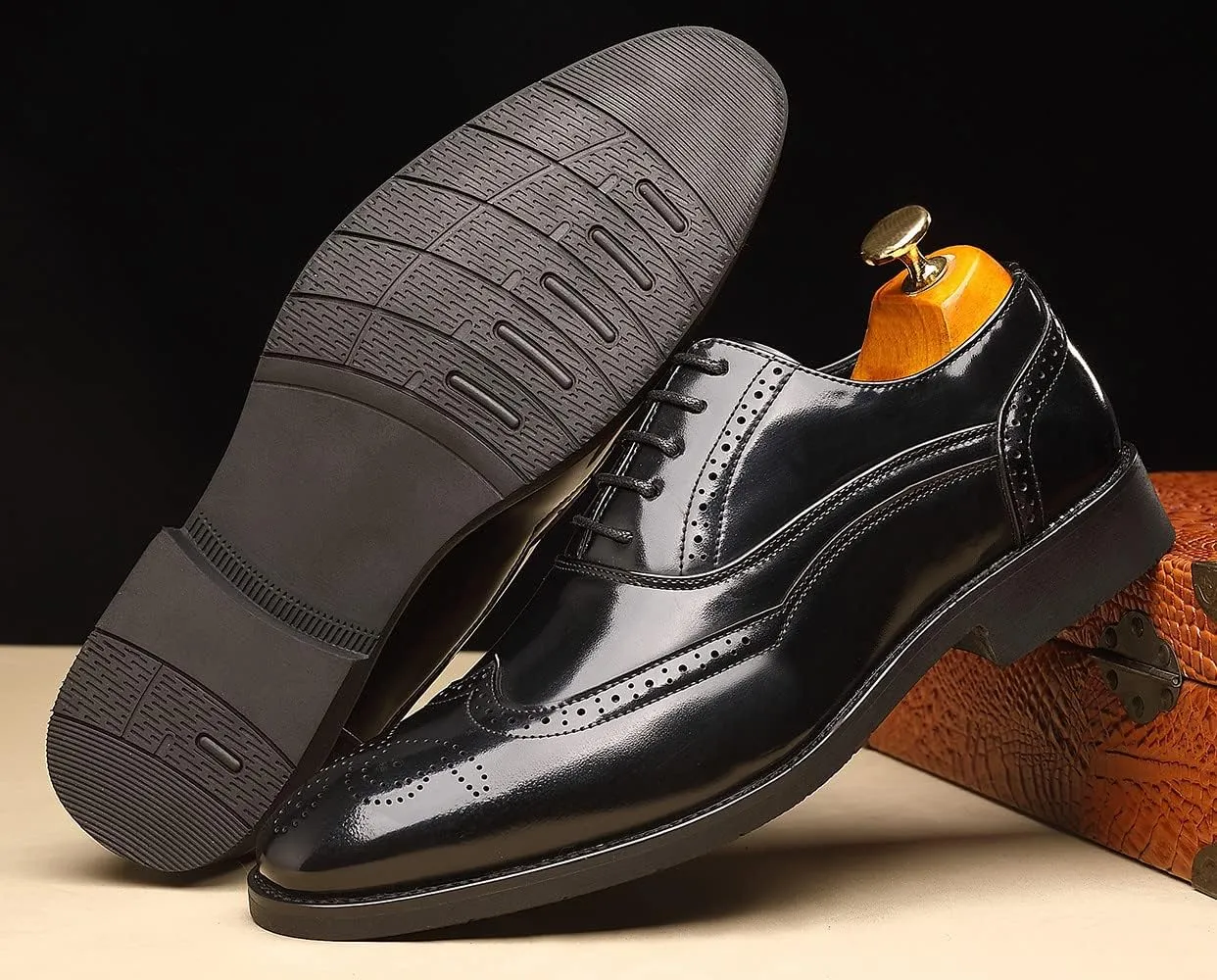 Santimon Men's Dress Oxfords Leather Lined Lace-up Classic Plain Toe Breathable Formal Business Shoes