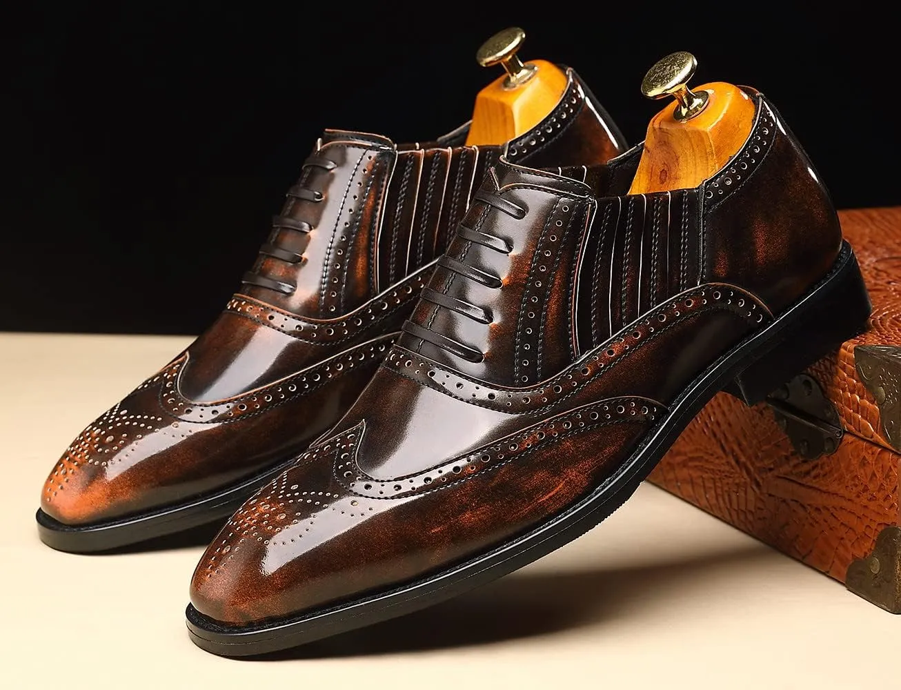 Santimon Mens Dress Wingtip Oxfords Classic Lace-up Derby Brogue Leather Shoes Formal Business Shoes