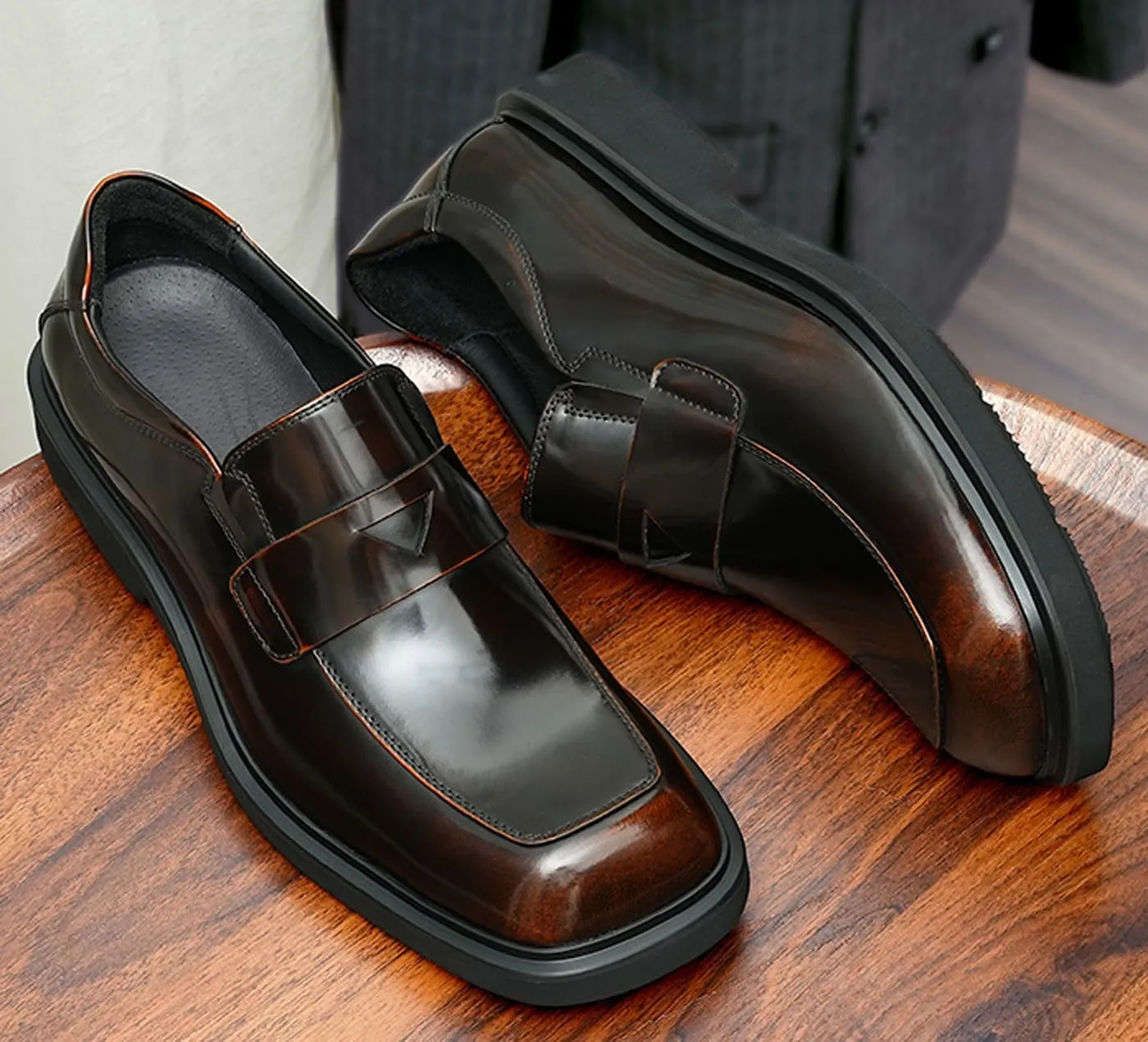 Santimon Mens Loafers Formal Dress Slip On Genuine Leather Penny Loafers Fashion Prom Wedding Business Casual Shoes Comfortable Wide Square Toe Mocasines