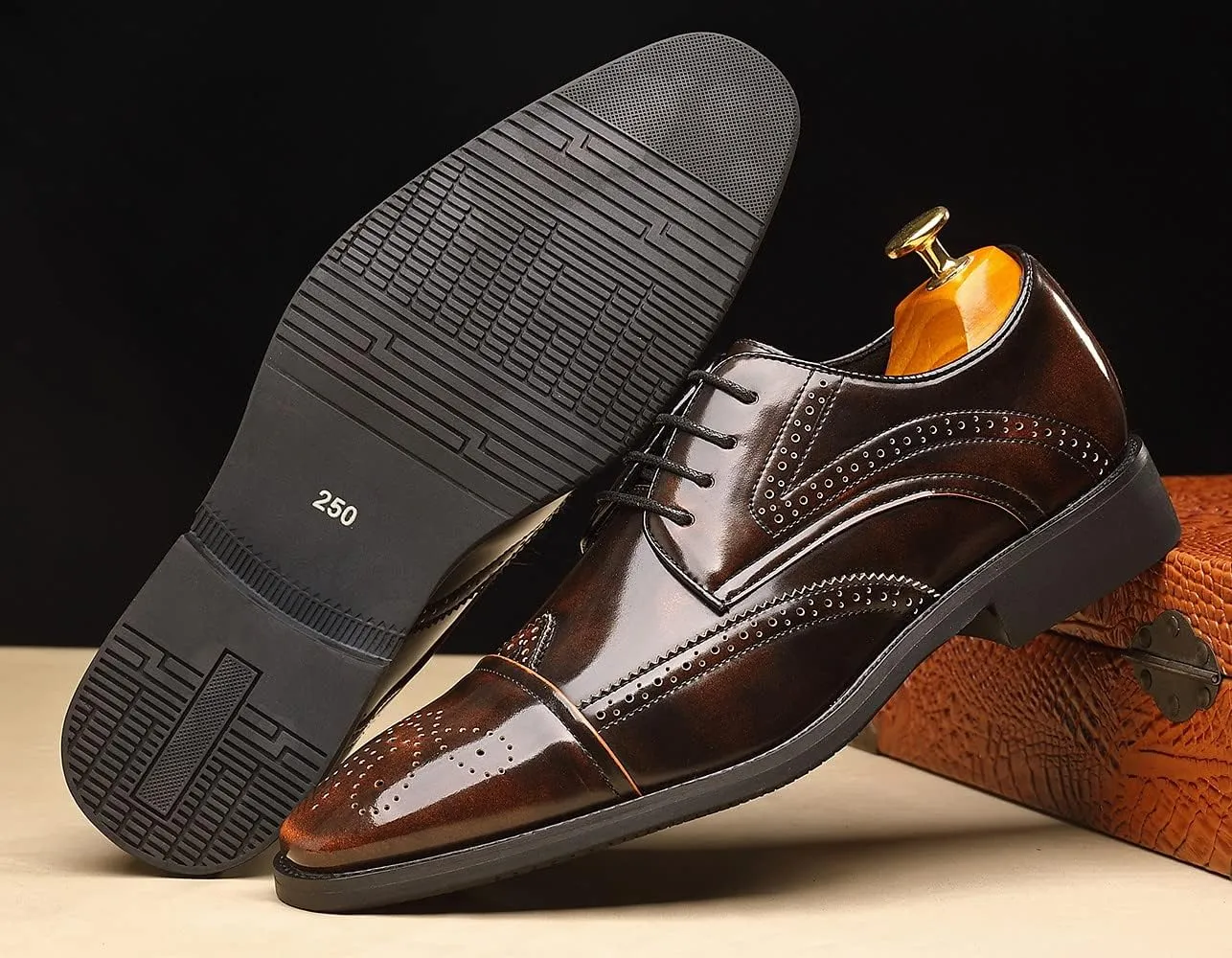 Santimon Men's Wingtip Oxfords Cap Toe Patent Leather Tuxedo Dress Shoes Classic Lace-up Breathable Formal Casual Shoes