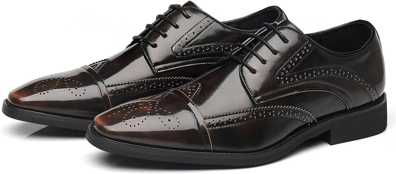 Santimon Men's Wingtip Oxfords Cap Toe Patent Leather Tuxedo Dress Shoes Classic Lace-up Breathable Formal Casual Shoes