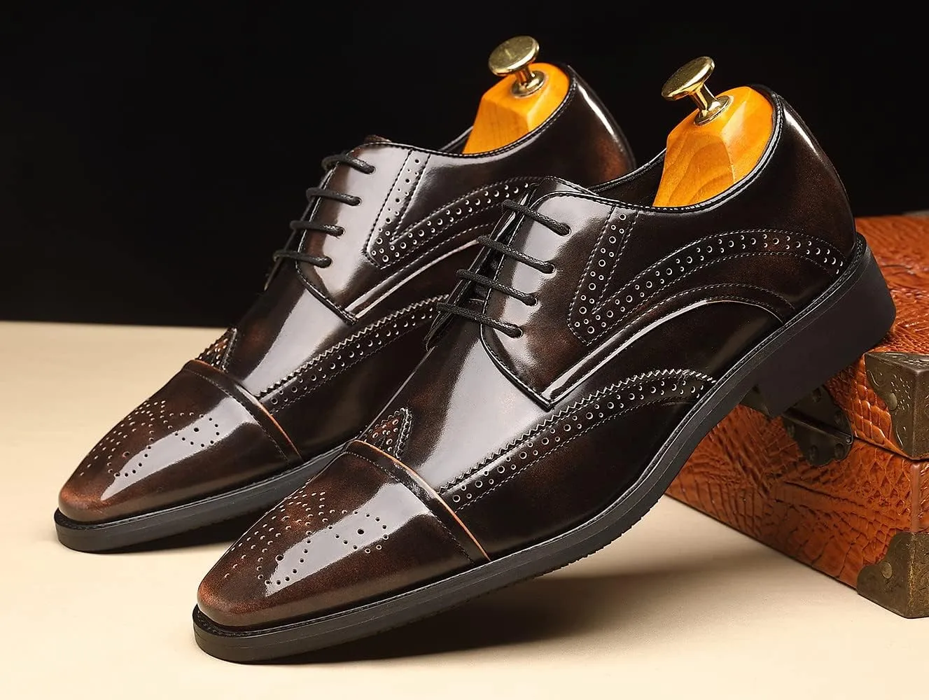Santimon Men's Wingtip Oxfords Cap Toe Patent Leather Tuxedo Dress Shoes Classic Lace-up Breathable Formal Casual Shoes