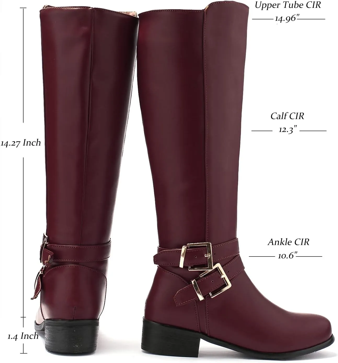 SHODENSE Women Buckled Knee High Riding Boots Flat Heel Round Toe Zipper Under The Knee Boots Low Chunky Heels Vintage Matte Leather Slouch Long Boots Stretch Wide Calf Comfy 4-11 M US