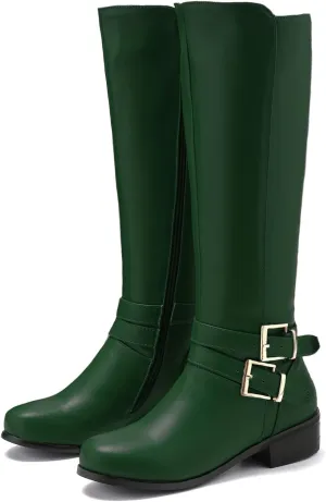 SHODENSE Women Buckled Knee High Riding Boots Flat Heel Round Toe Zipper Under The Knee Boots Low Chunky Heels Vintage Matte Leather Slouch Long Boots Stretch Wide Calf Comfy 4-11 M US