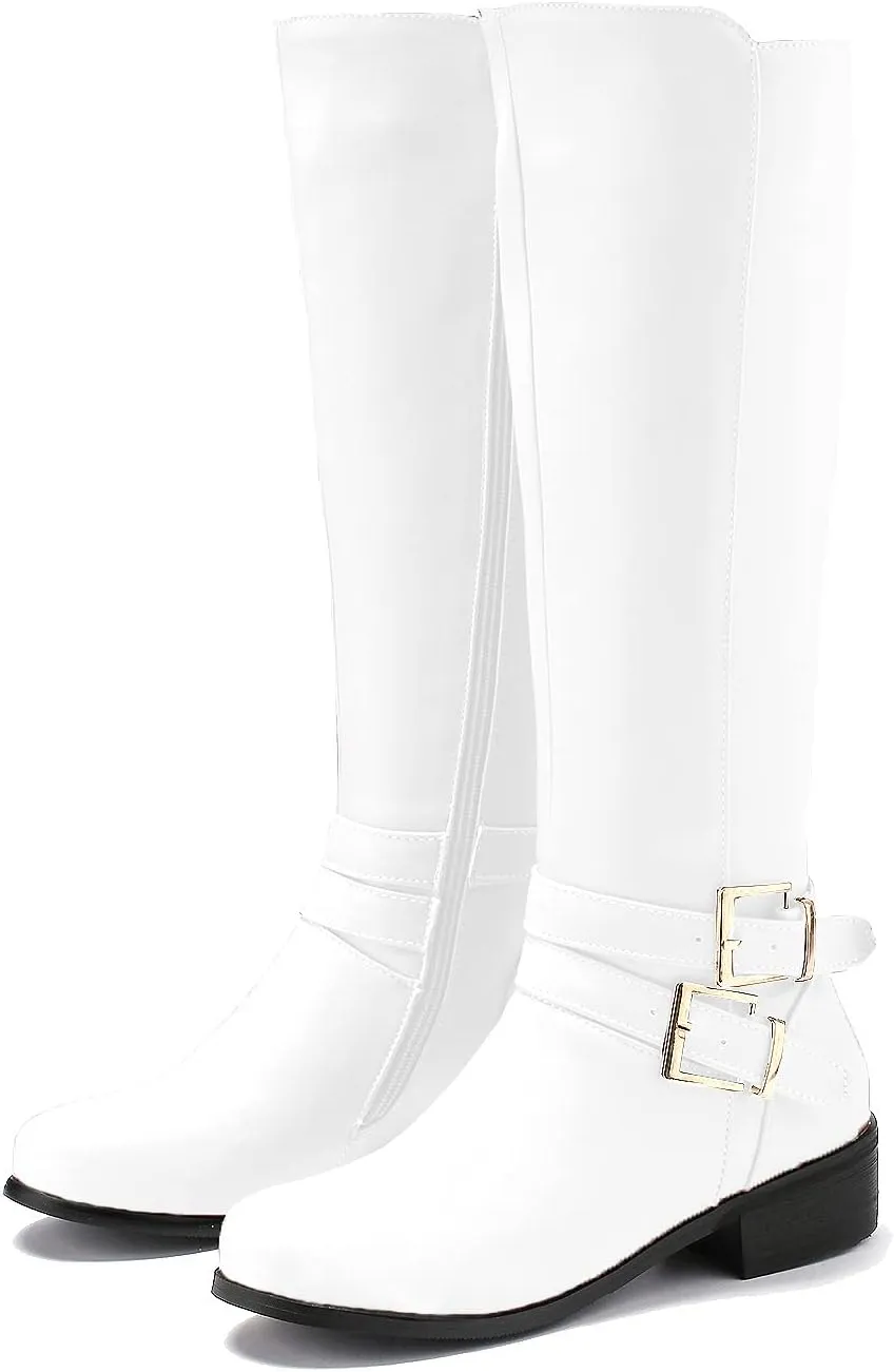SHODENSE Women Buckled Knee High Riding Boots Flat Heel Round Toe Zipper Under The Knee Boots Low Chunky Heels Vintage Matte Leather Slouch Long Boots Stretch Wide Calf Comfy 4-11 M US