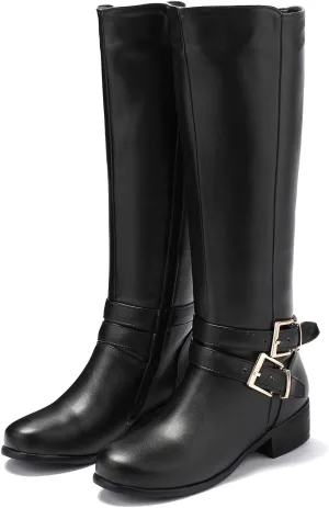 SHODENSE Women Buckled Knee High Riding Boots Flat Heel Round Toe Zipper Under The Knee Boots Low Chunky Heels Vintage Matte Leather Slouch Long Boots Stretch Wide Calf Comfy 4-11 M US