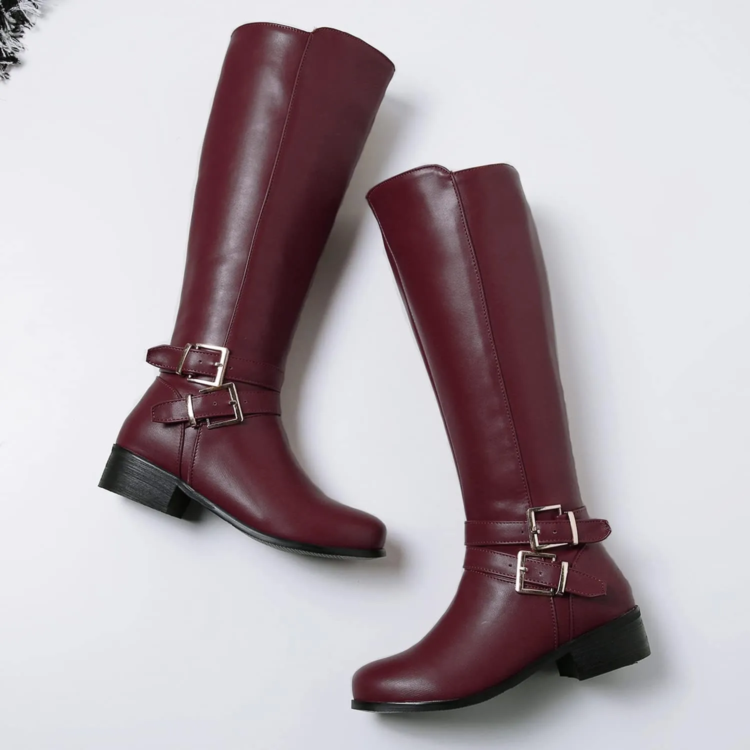 SHODENSE Women Buckled Knee High Riding Boots Flat Heel Round Toe Zipper Under The Knee Boots Low Chunky Heels Vintage Matte Leather Slouch Long Boots Stretch Wide Calf Comfy 4-11 M US
