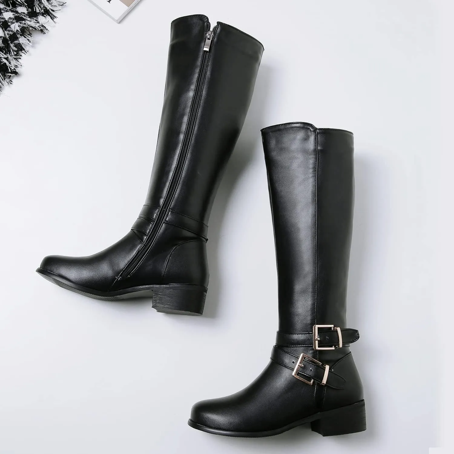 SHODENSE Women Buckled Knee High Riding Boots Flat Heel Round Toe Zipper Under The Knee Boots Low Chunky Heels Vintage Matte Leather Slouch Long Boots Stretch Wide Calf Comfy 4-11 M US