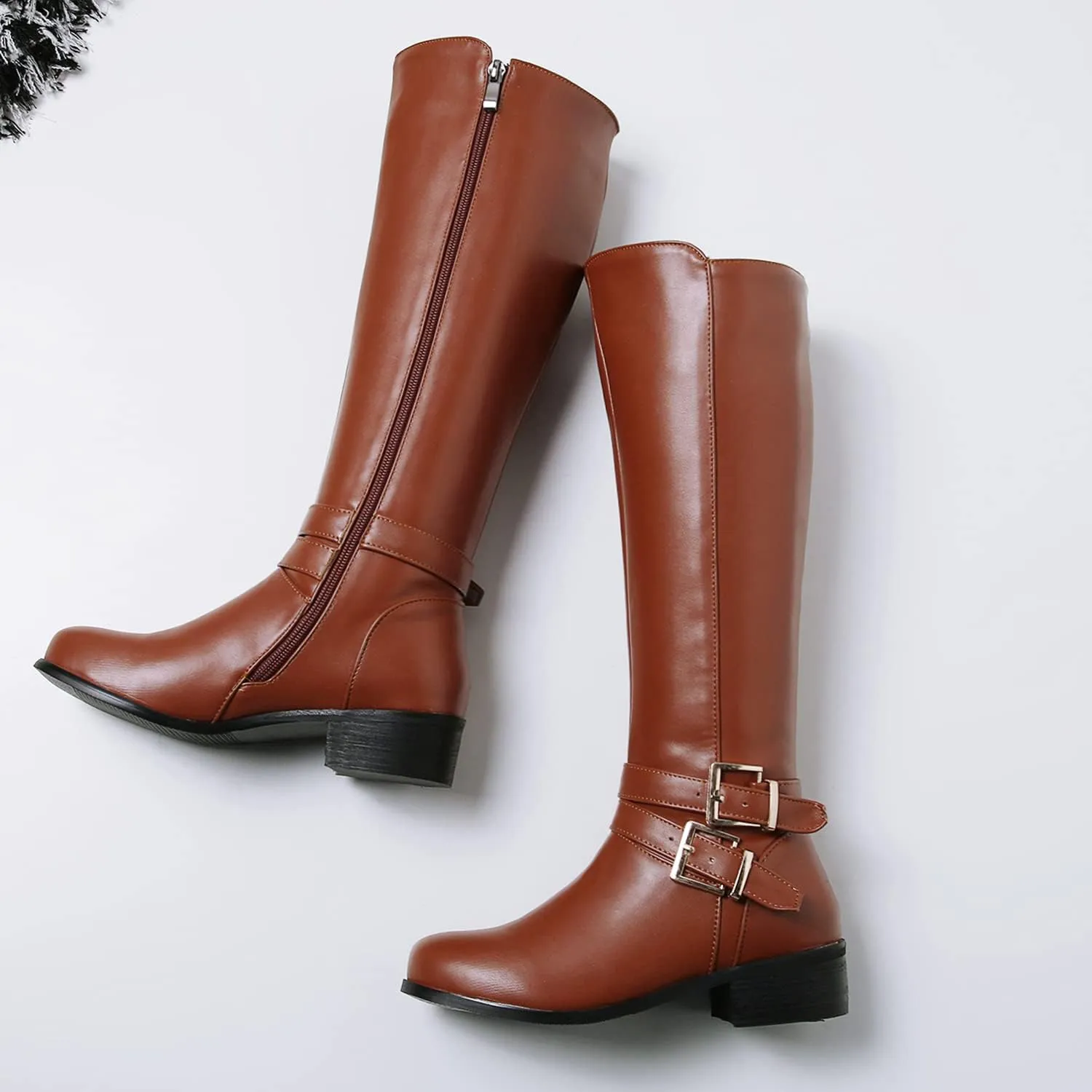 SHODENSE Women Buckled Knee High Riding Boots Flat Heel Round Toe Zipper Under The Knee Boots Low Chunky Heels Vintage Matte Leather Slouch Long Boots Stretch Wide Calf Comfy 4-11 M US