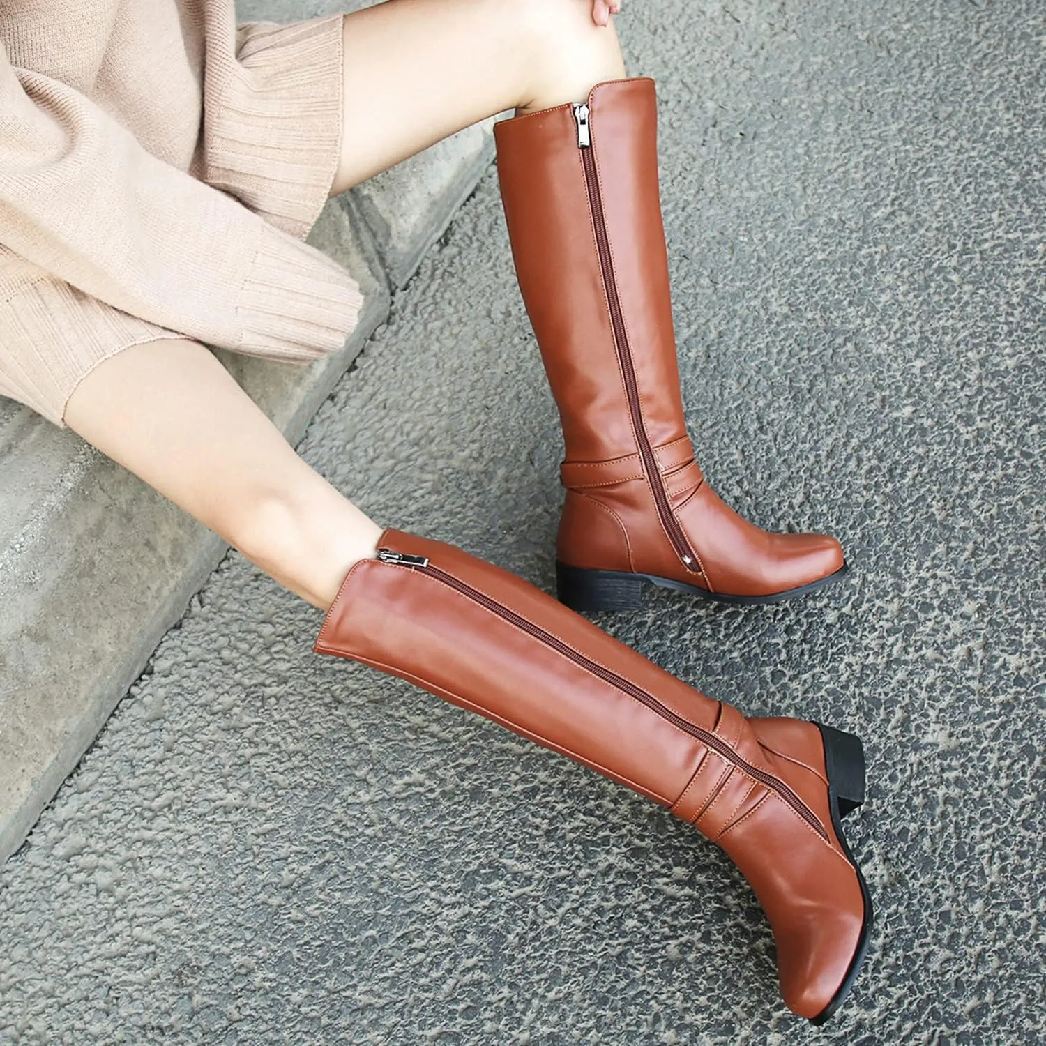 SHODENSE Women Buckled Knee High Riding Boots Flat Heel Round Toe Zipper Under The Knee Boots Low Chunky Heels Vintage Matte Leather Slouch Long Boots Stretch Wide Calf Comfy 4-11 M US