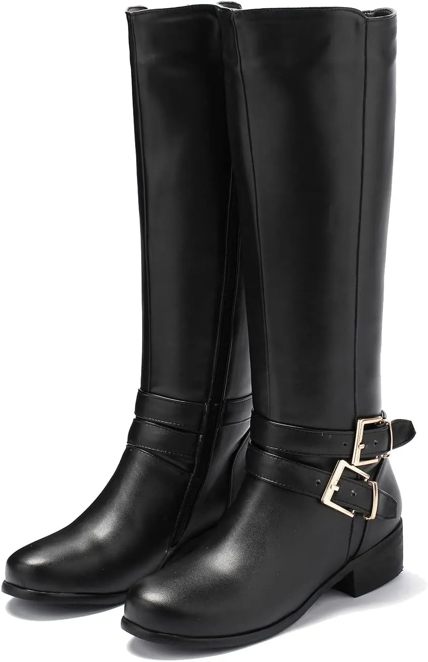 SHODENSE Women Buckled Knee High Riding Boots Flat Heel Round Toe Zipper Under The Knee Boots Low Chunky Heels Vintage Matte Leather Slouch Long Boots Stretch Wide Calf Comfy 4-11 M US