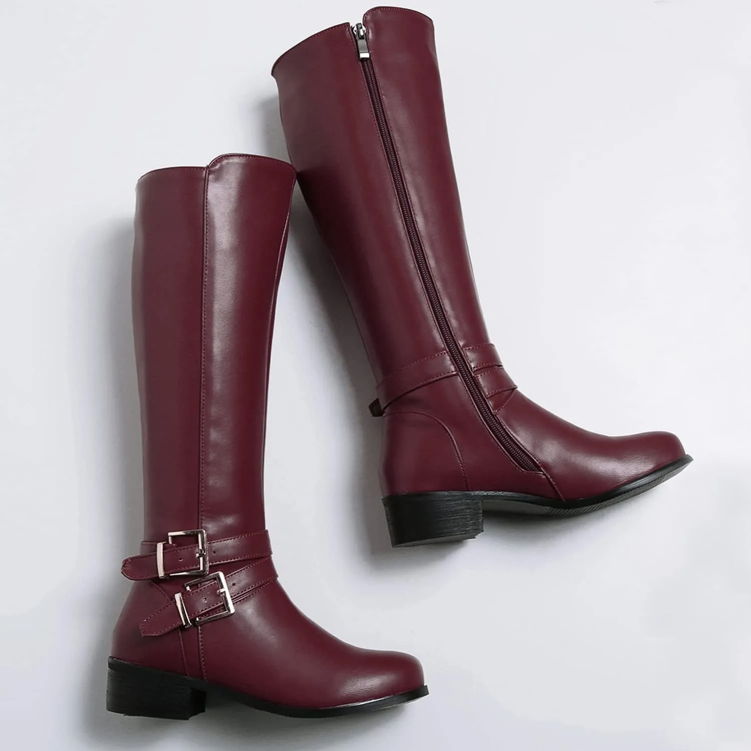 SHODENSE Women Buckled Knee High Riding Boots Flat Heel Round Toe Zipper Under The Knee Boots Low Chunky Heels Vintage Matte Leather Slouch Long Boots Stretch Wide Calf Comfy 4-11 M US