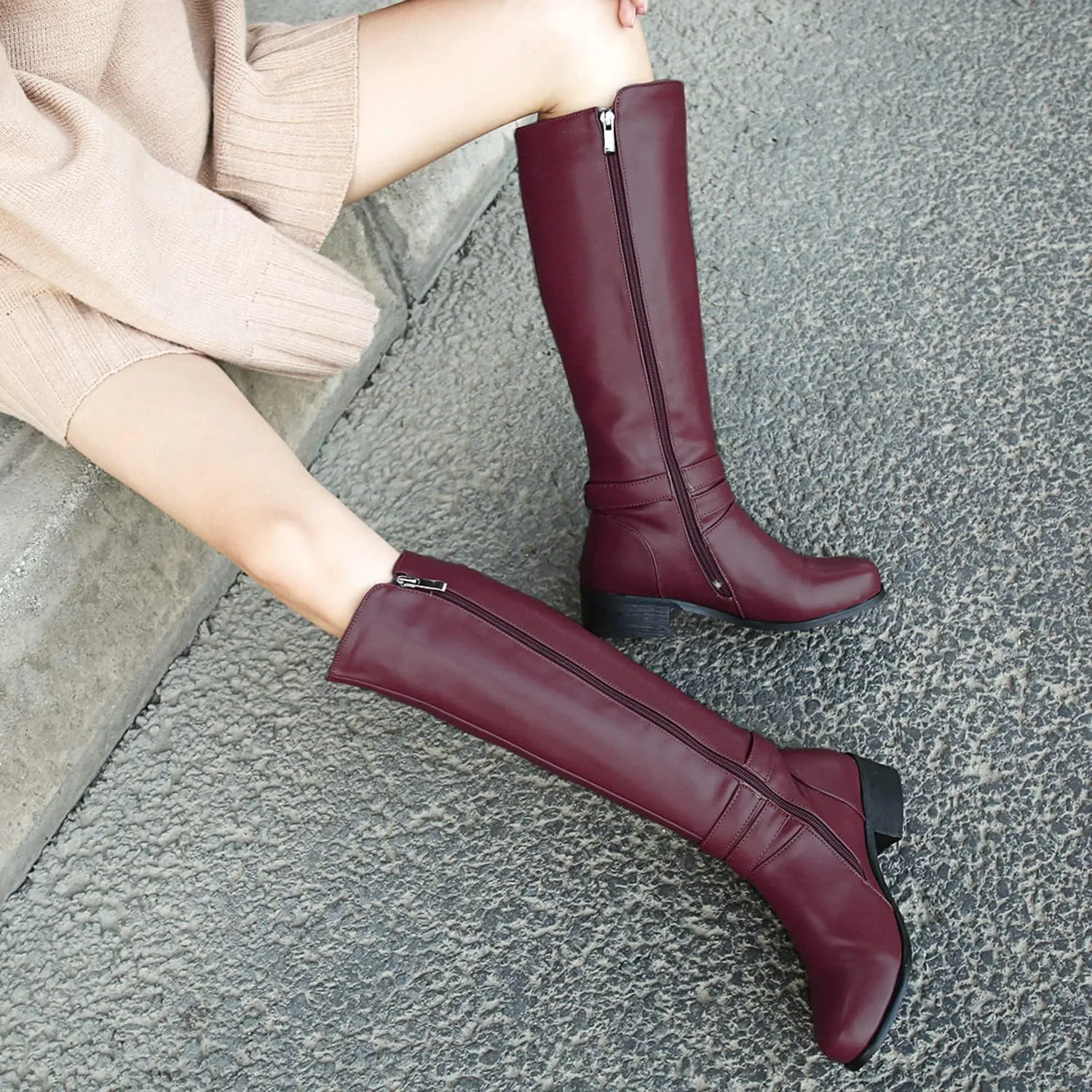 SHODENSE Women Buckled Knee High Riding Boots Flat Heel Round Toe Zipper Under The Knee Boots Low Chunky Heels Vintage Matte Leather Slouch Long Boots Stretch Wide Calf Comfy 4-11 M US