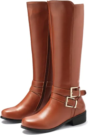 SHODENSE Women Buckled Knee High Riding Boots Flat Heel Round Toe Zipper Under The Knee Boots Low Chunky Heels Vintage Matte Leather Slouch Long Boots Stretch Wide Calf Comfy 4-11 M US