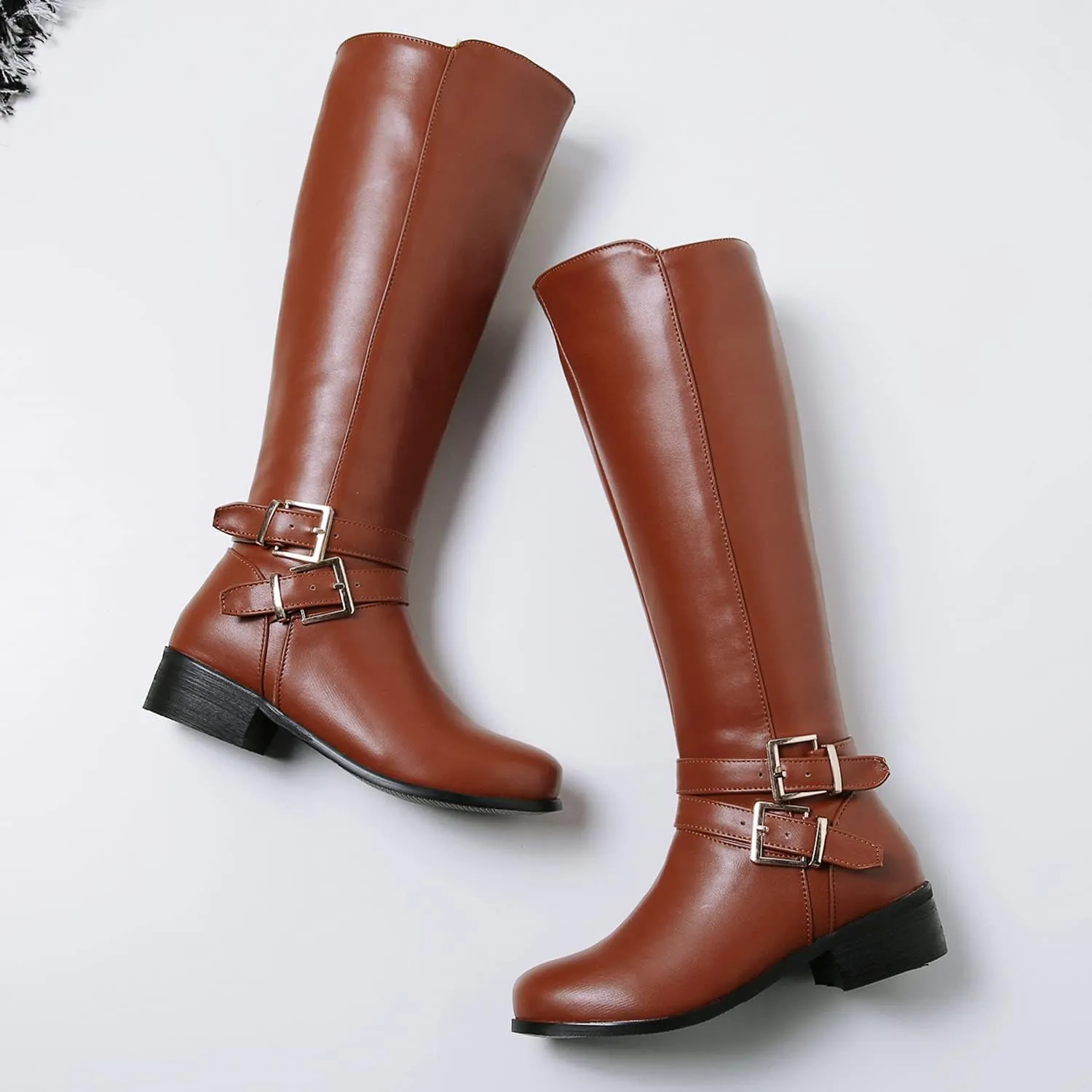 SHODENSE Women Buckled Knee High Riding Boots Flat Heel Round Toe Zipper Under The Knee Boots Low Chunky Heels Vintage Matte Leather Slouch Long Boots Stretch Wide Calf Comfy 4-11 M US