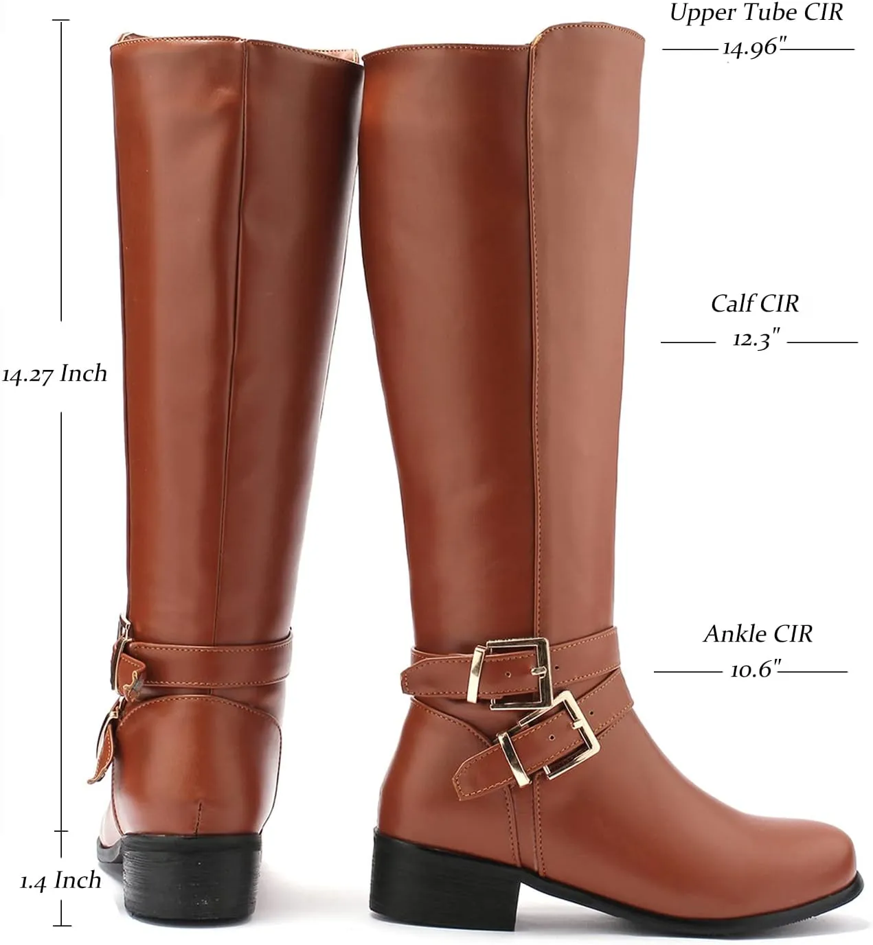 SHODENSE Women Buckled Knee High Riding Boots Flat Heel Round Toe Zipper Under The Knee Boots Low Chunky Heels Vintage Matte Leather Slouch Long Boots Stretch Wide Calf Comfy 4-11 M US