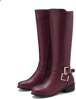 SHODENSE Women Buckled Knee High Riding Boots Flat Heel Round Toe Zipper Under The Knee Boots Low Chunky Heels Vintage Matte Leather Slouch Long Boots Stretch Wide Calf Comfy 4-11 M US