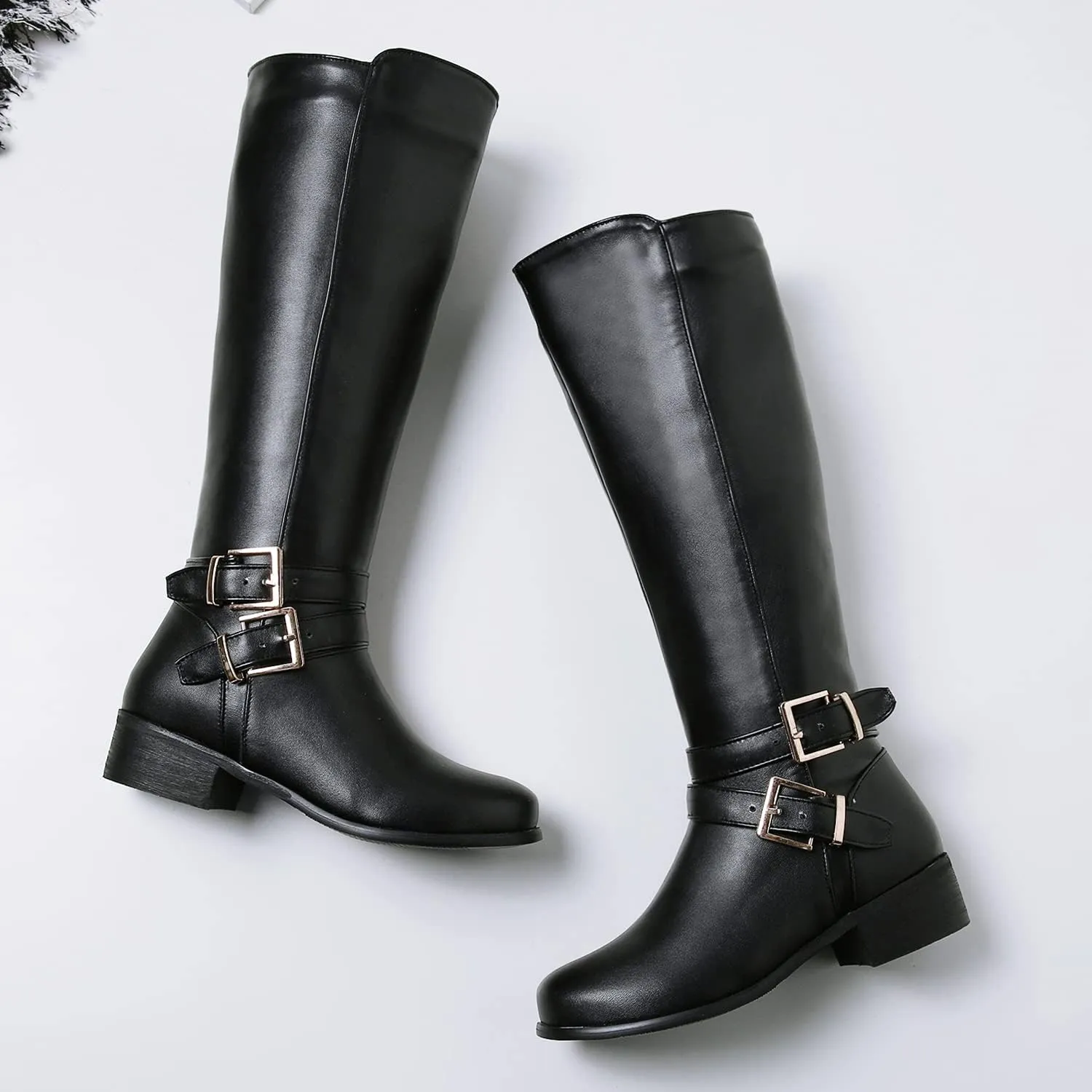 SHODENSE Women Buckled Knee High Riding Boots Flat Heel Round Toe Zipper Under The Knee Boots Low Chunky Heels Vintage Matte Leather Slouch Long Boots Stretch Wide Calf Comfy 4-11 M US