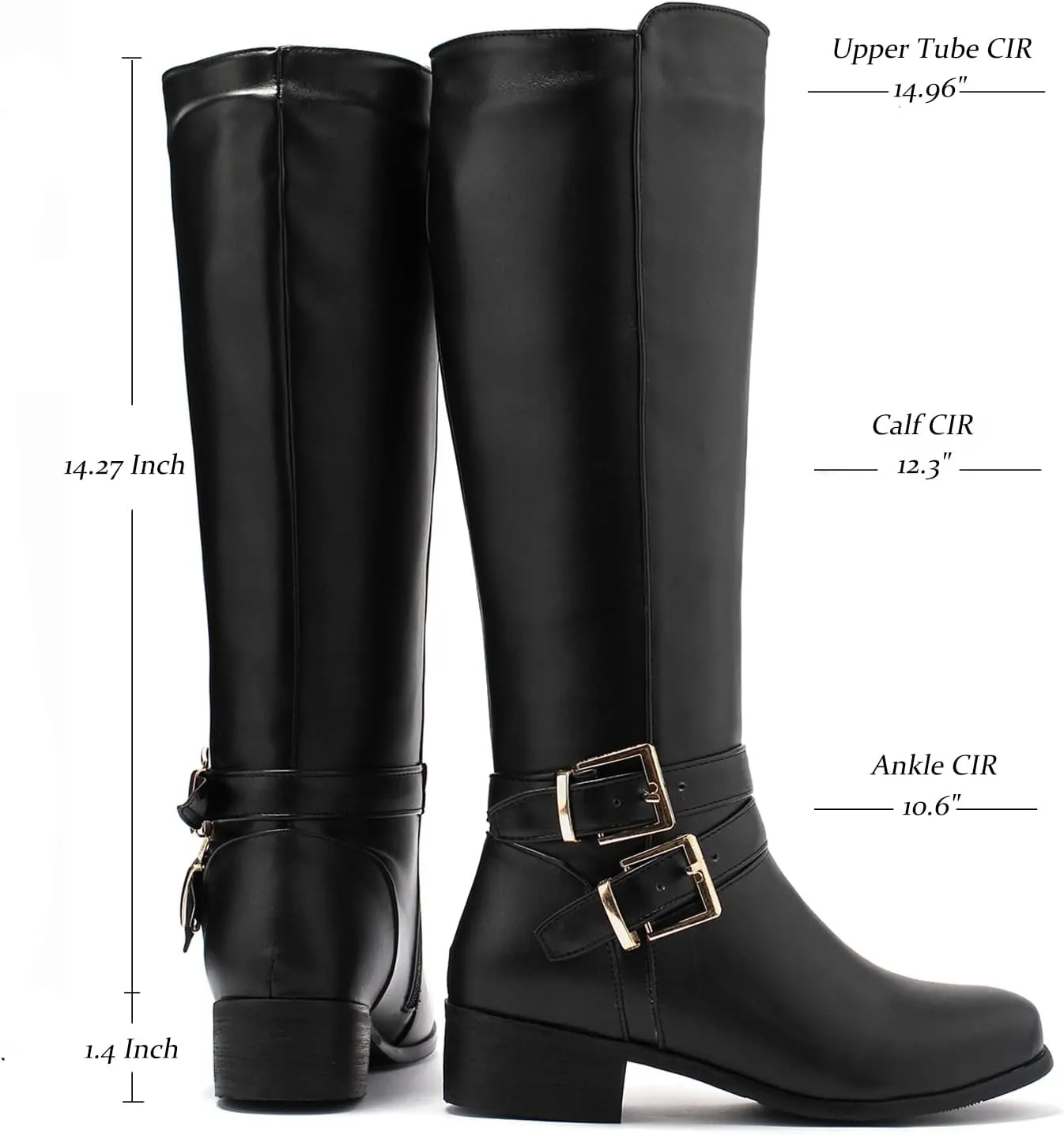 SHODENSE Women Buckled Knee High Riding Boots Flat Heel Round Toe Zipper Under The Knee Boots Low Chunky Heels Vintage Matte Leather Slouch Long Boots Stretch Wide Calf Comfy 4-11 M US