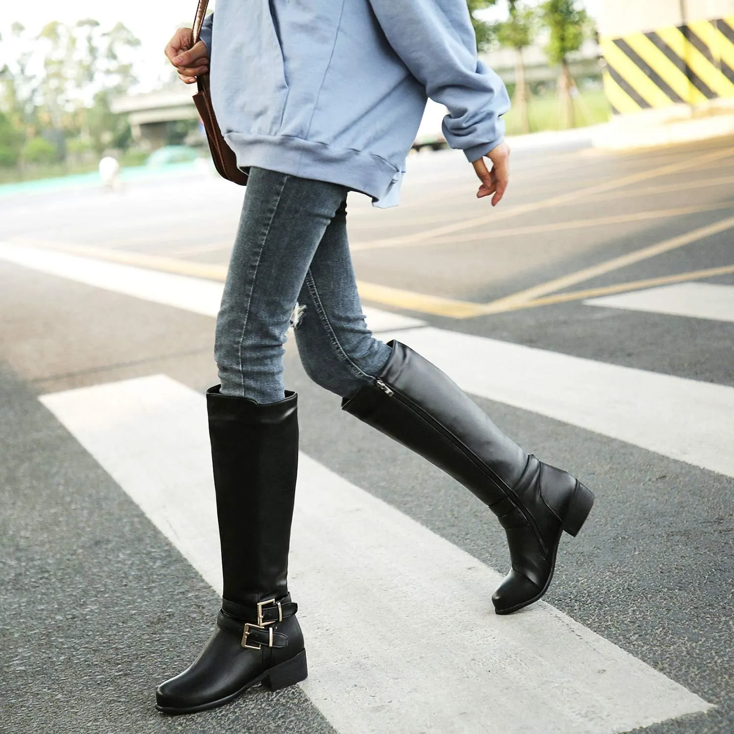 SHODENSE Women Buckled Knee High Riding Boots Flat Heel Round Toe Zipper Under The Knee Boots Low Chunky Heels Vintage Matte Leather Slouch Long Boots Stretch Wide Calf Comfy 4-11 M US