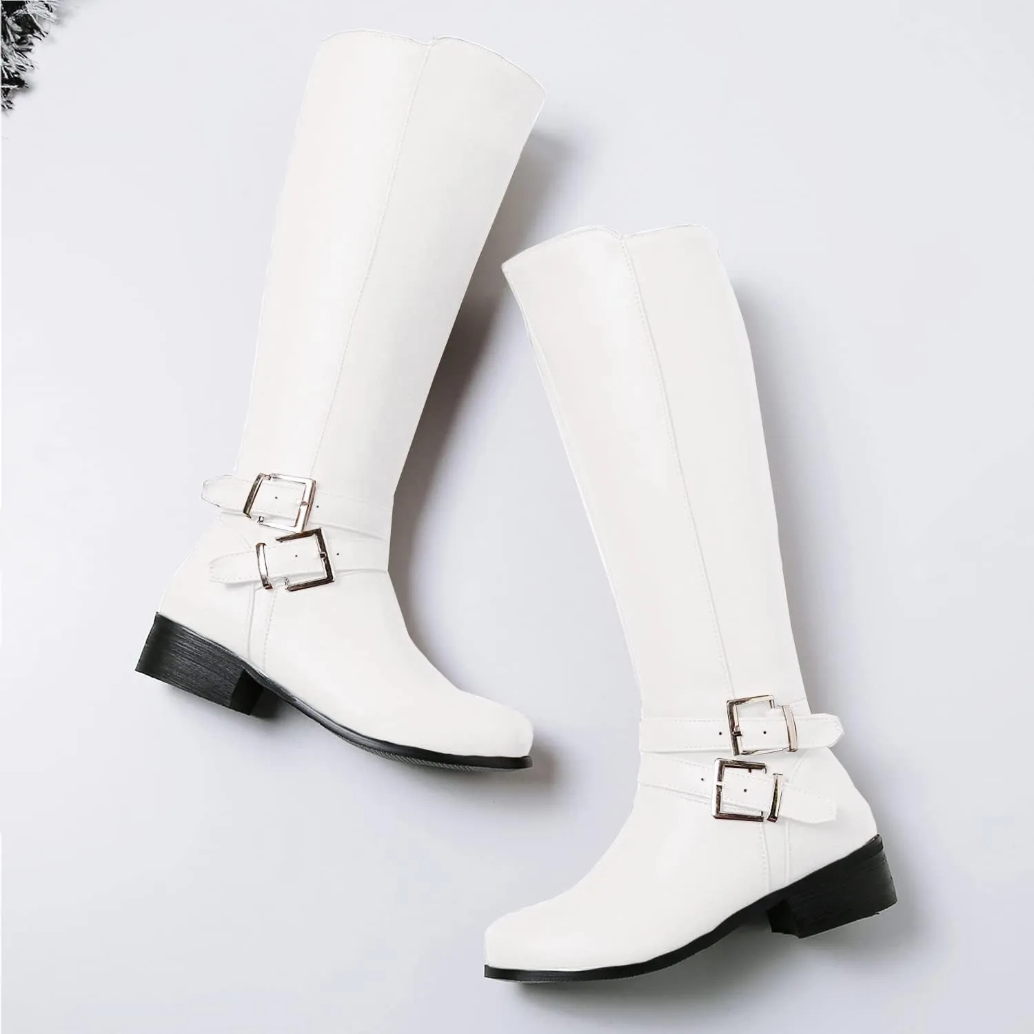 SHODENSE Women Buckled Knee High Riding Boots Flat Heel Round Toe Zipper Under The Knee Boots Low Chunky Heels Vintage Matte Leather Slouch Long Boots Stretch Wide Calf Comfy 4-11 M US