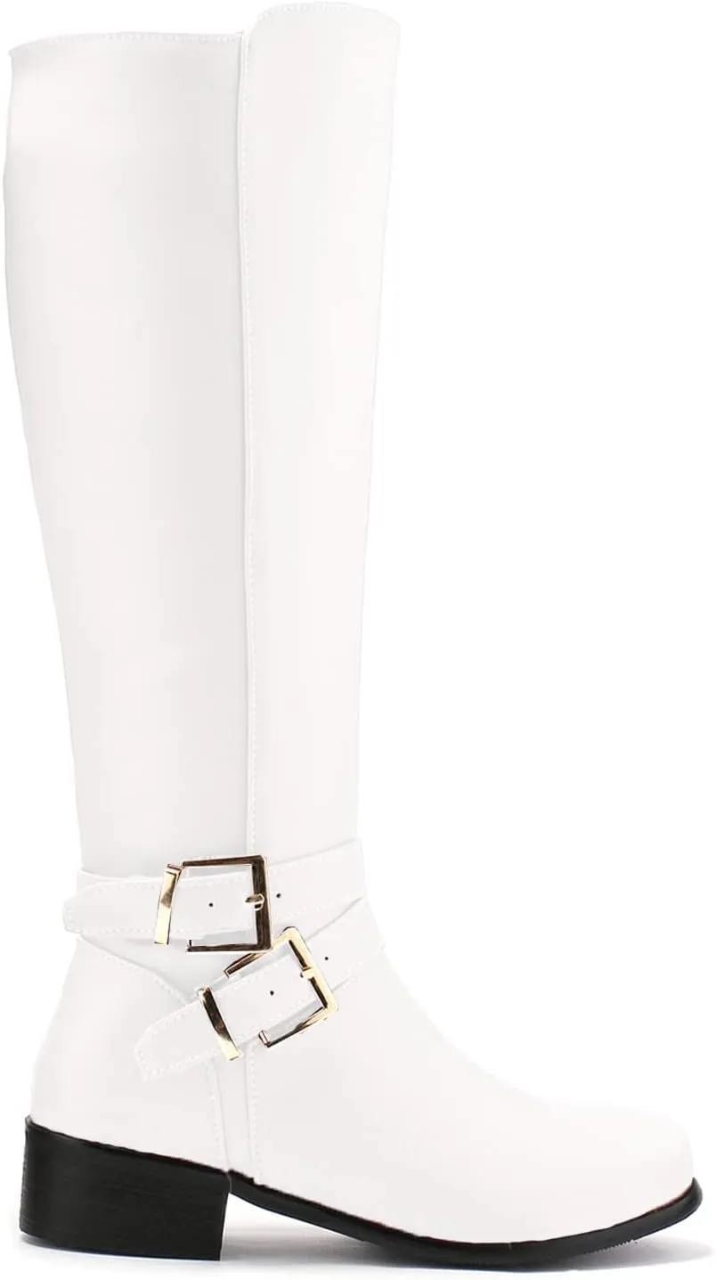 SHODENSE Women Buckled Knee High Riding Boots Flat Heel Round Toe Zipper Under The Knee Boots Low Chunky Heels Vintage Matte Leather Slouch Long Boots Stretch Wide Calf Comfy 4-11 M US