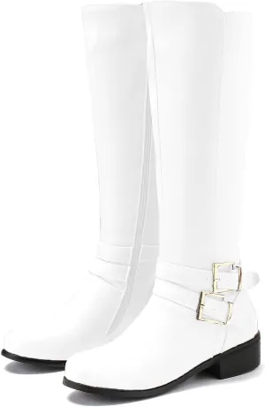 SHODENSE Women Buckled Knee High Riding Boots Flat Heel Round Toe Zipper Under The Knee Boots Low Chunky Heels Vintage Matte Leather Slouch Long Boots Stretch Wide Calf Comfy 4-11 M US