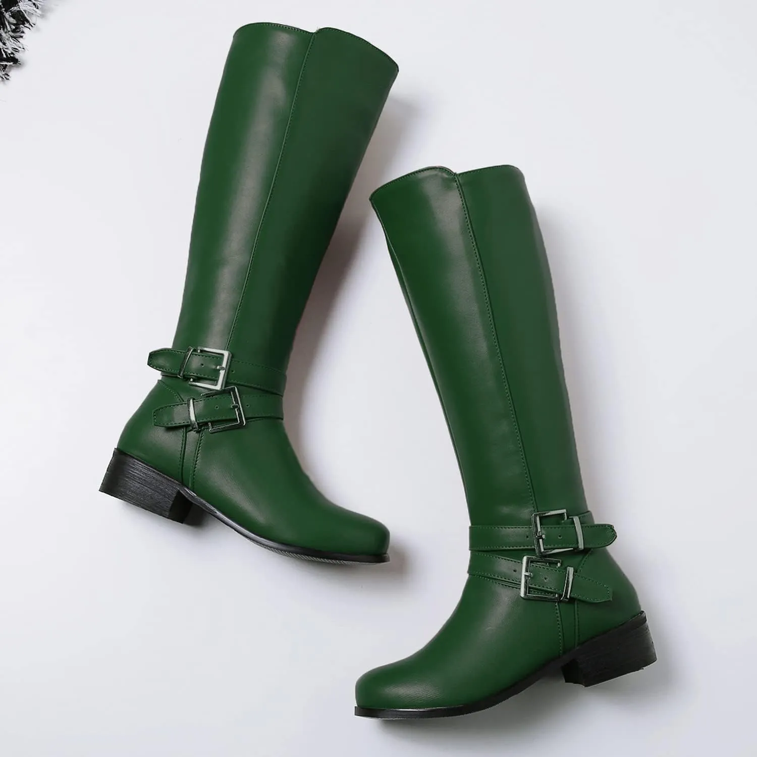 SHODENSE Women Buckled Knee High Riding Boots Flat Heel Round Toe Zipper Under The Knee Boots Low Chunky Heels Vintage Matte Leather Slouch Long Boots Stretch Wide Calf Comfy 4-11 M US