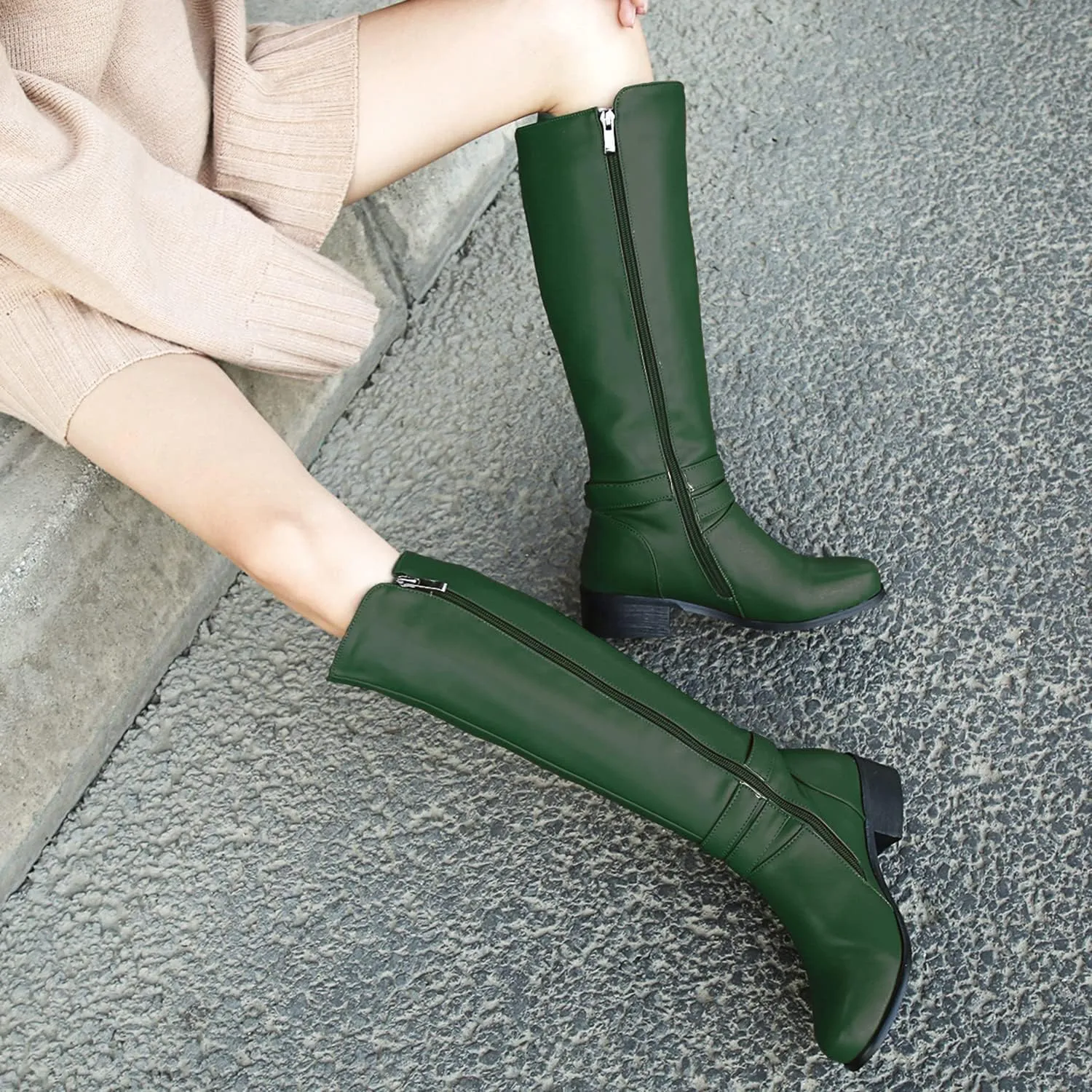 SHODENSE Women Buckled Knee High Riding Boots Flat Heel Round Toe Zipper Under The Knee Boots Low Chunky Heels Vintage Matte Leather Slouch Long Boots Stretch Wide Calf Comfy 4-11 M US