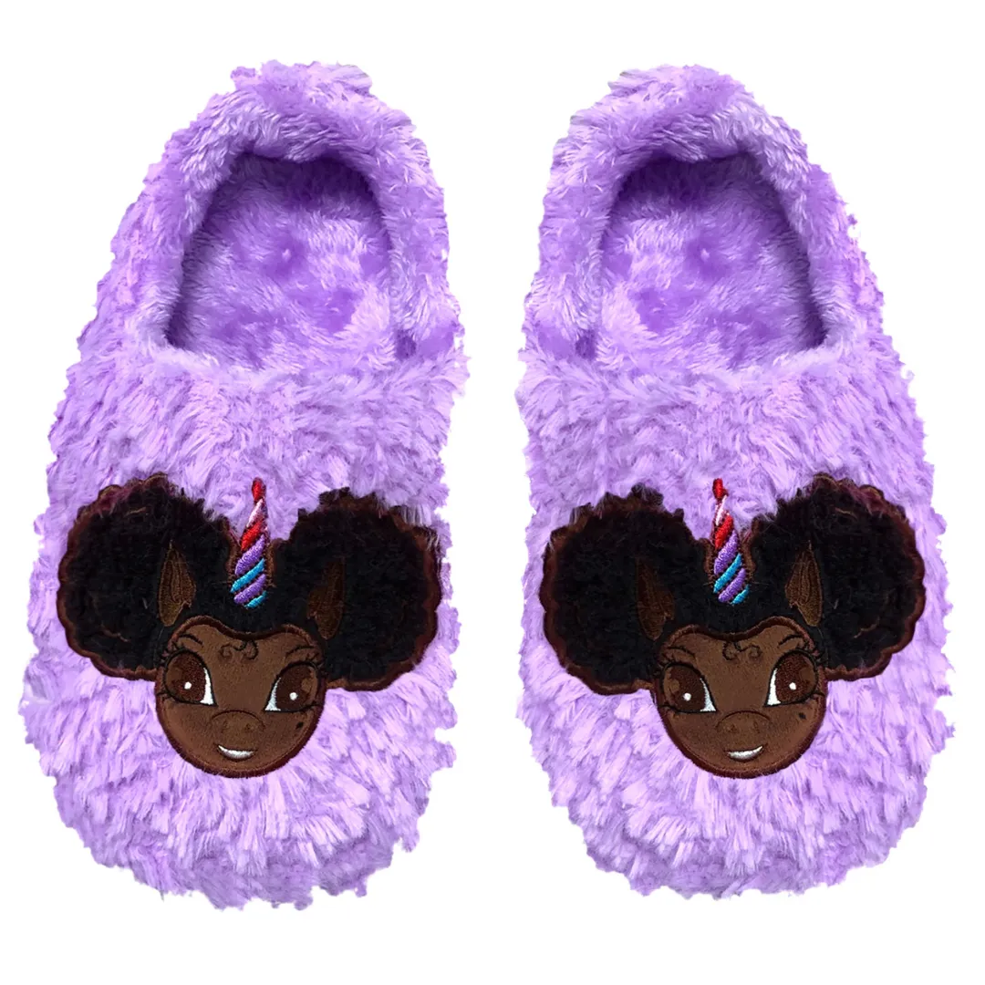 Signature Afro Puff Unicorn Princess Purple Plush Slipper - Dark Brown with Black Hair