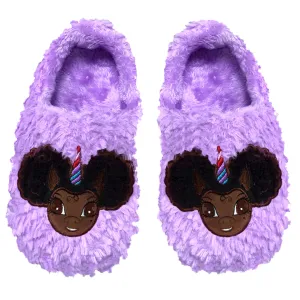Signature Afro Puff Unicorn Princess Purple Plush Slipper - Dark Brown with Black Hair