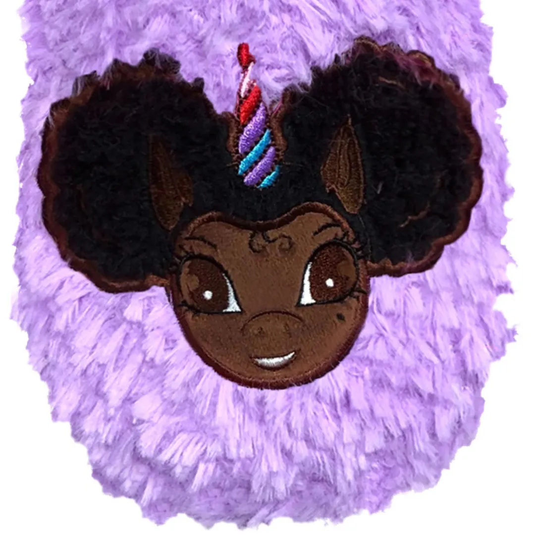 Signature Afro Puff Unicorn Princess Purple Plush Slipper - Dark Brown with Black Hair