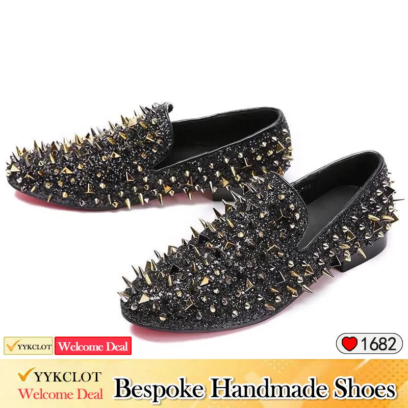 Silver handmade studded party shoes Men's glitter dress shoes