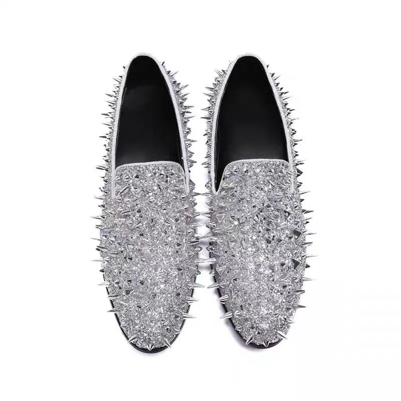 Silver handmade studded party shoes Men's glitter dress shoes