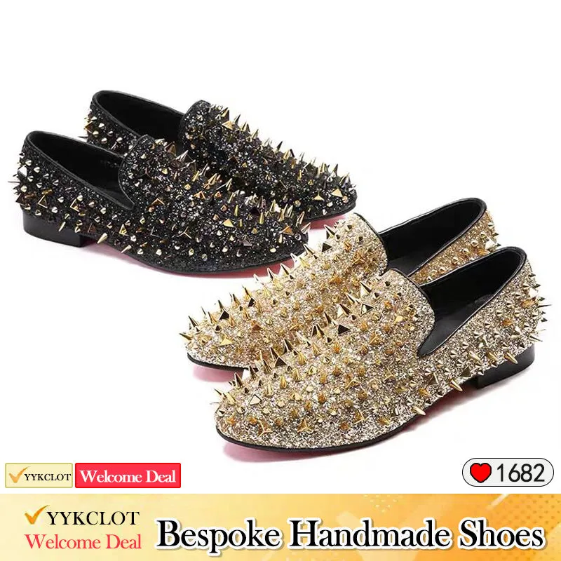 Silver handmade studded party shoes Men's glitter dress shoes