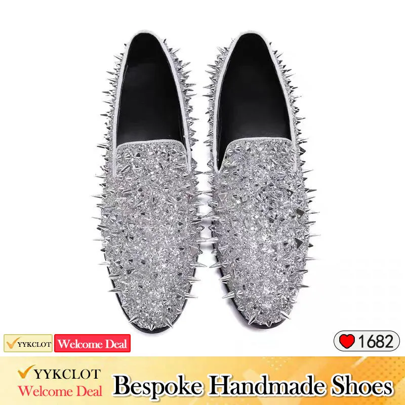 Silver handmade studded party shoes Men's glitter dress shoes
