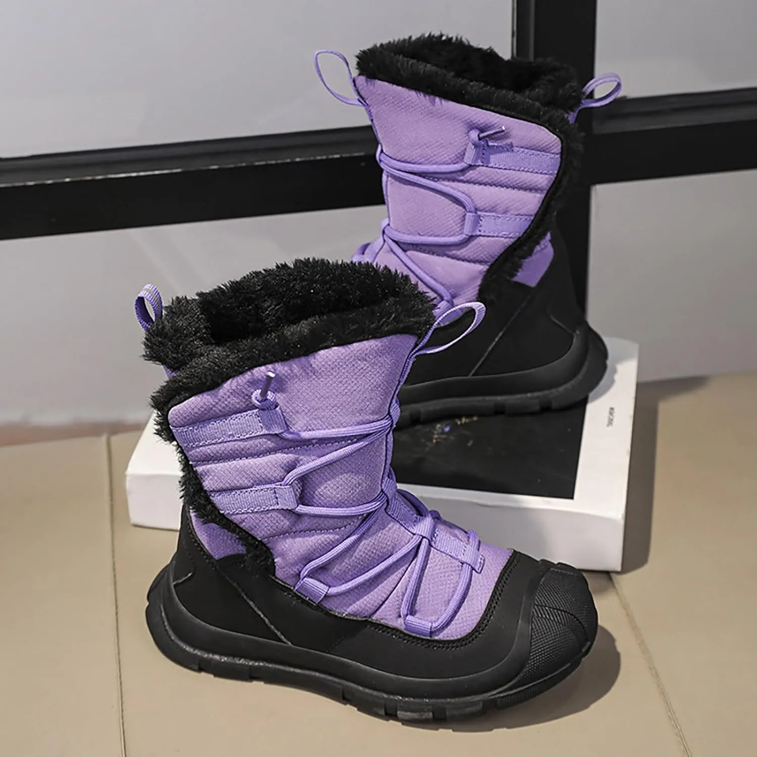 Snow Boots Kids Cozy Faux Fu Anti-Slip Snow Boots Lac Up Booties For Cold Weather Black Lac Up Boots For Girls