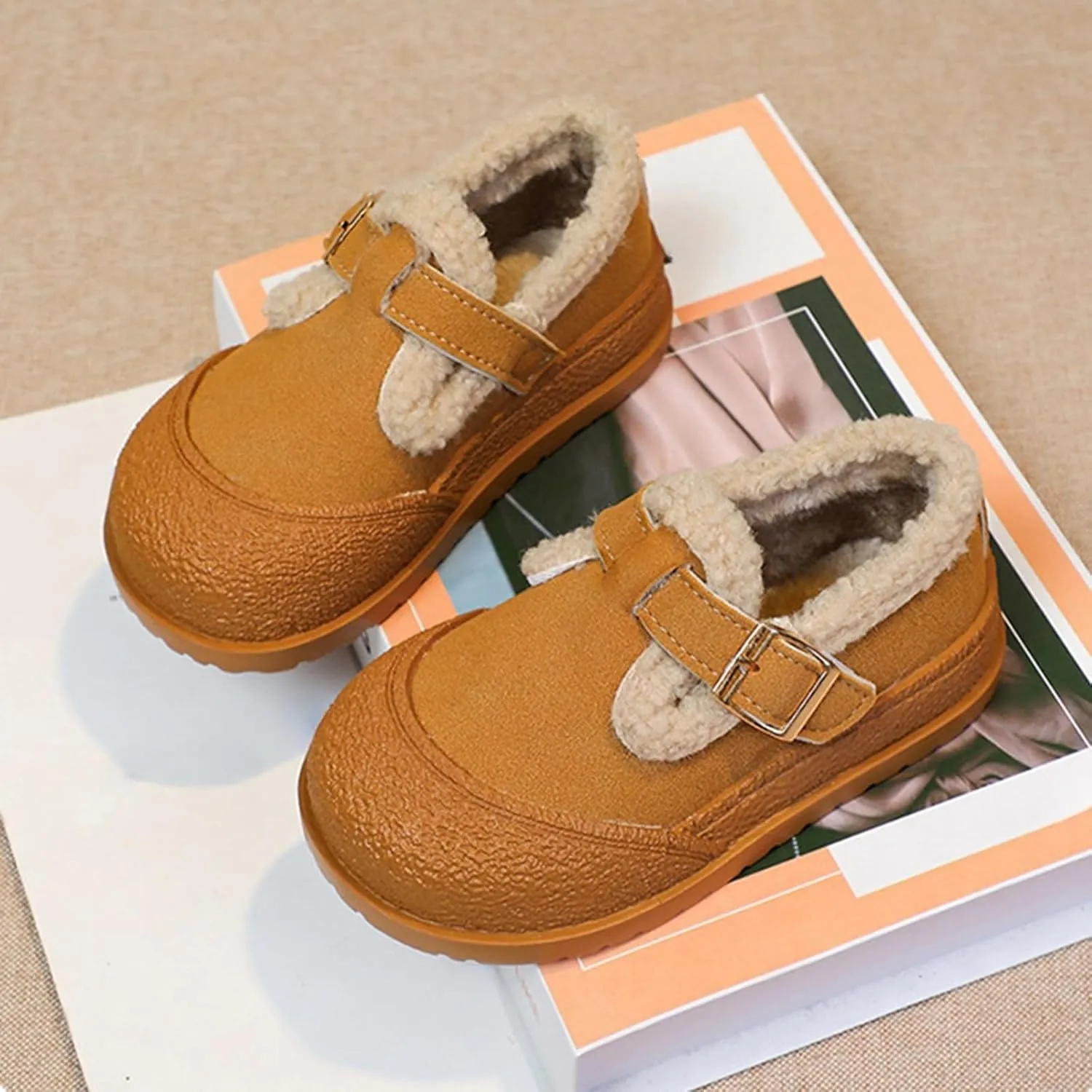 Snow Sneakers for Boys Girls, Suede Platform Warm Fr Lined Fashion Slip-on Comfortable Winter Flat Creature Boots