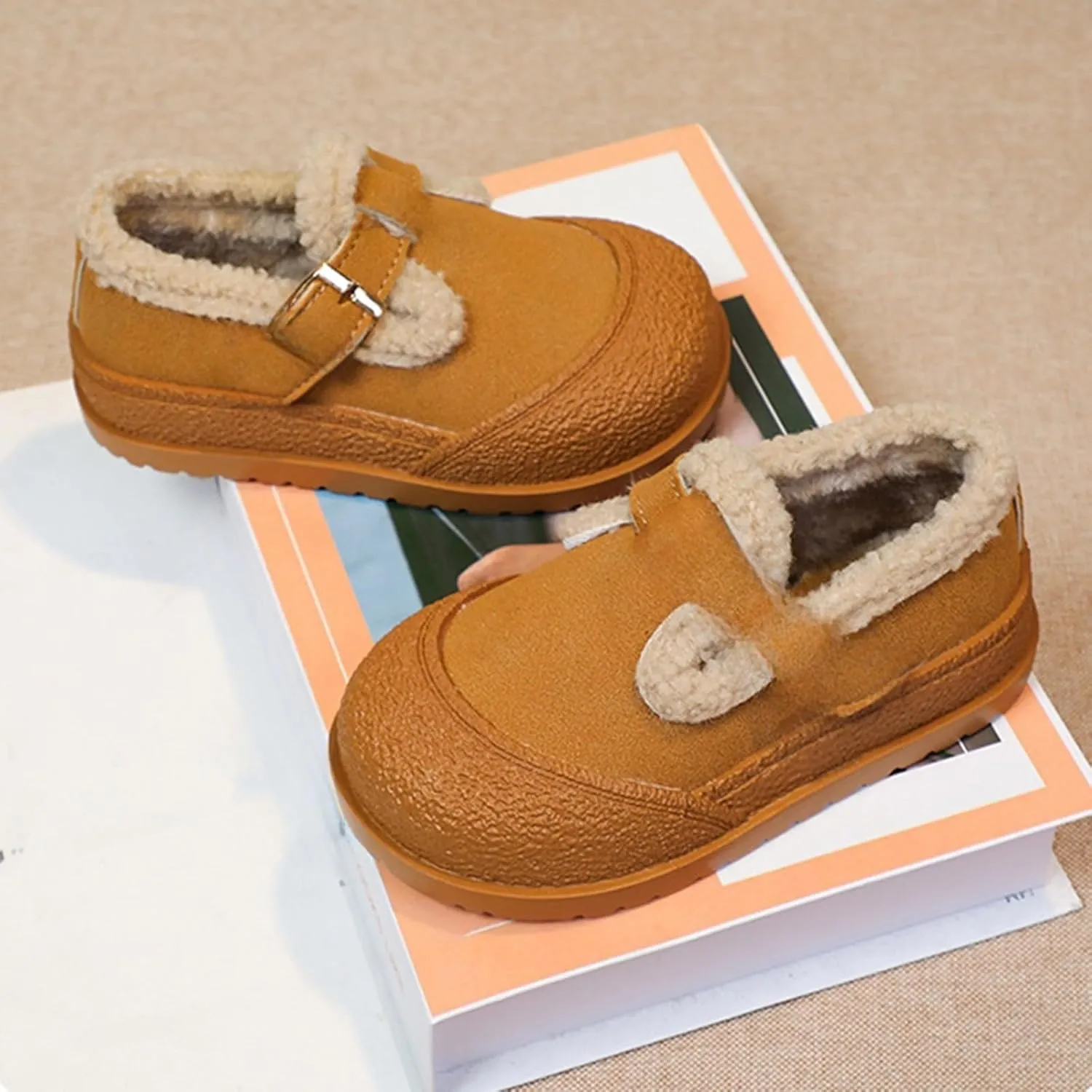 Snow Sneakers for Boys Girls, Suede Platform Warm Fr Lined Fashion Slip-on Comfortable Winter Flat Creature Boots