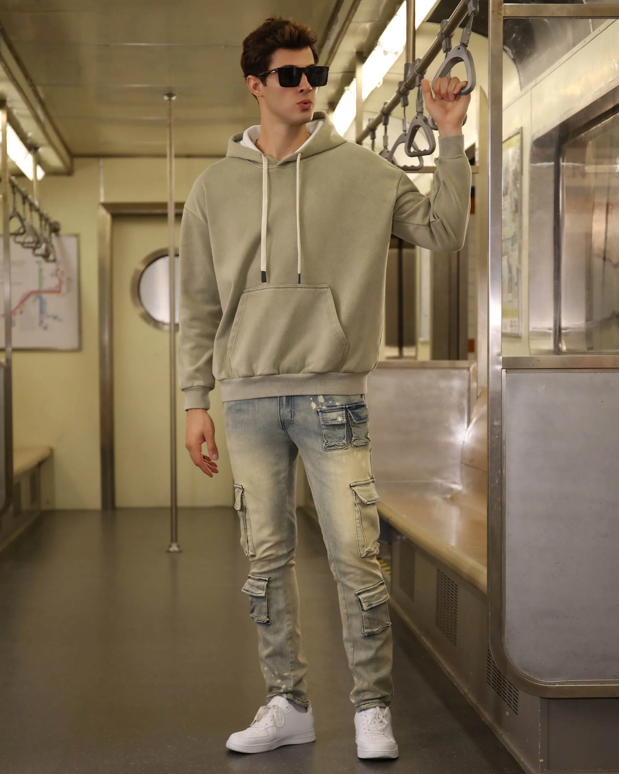 Spray-Painted Distressed Blue Jeans with Cargo Pockets