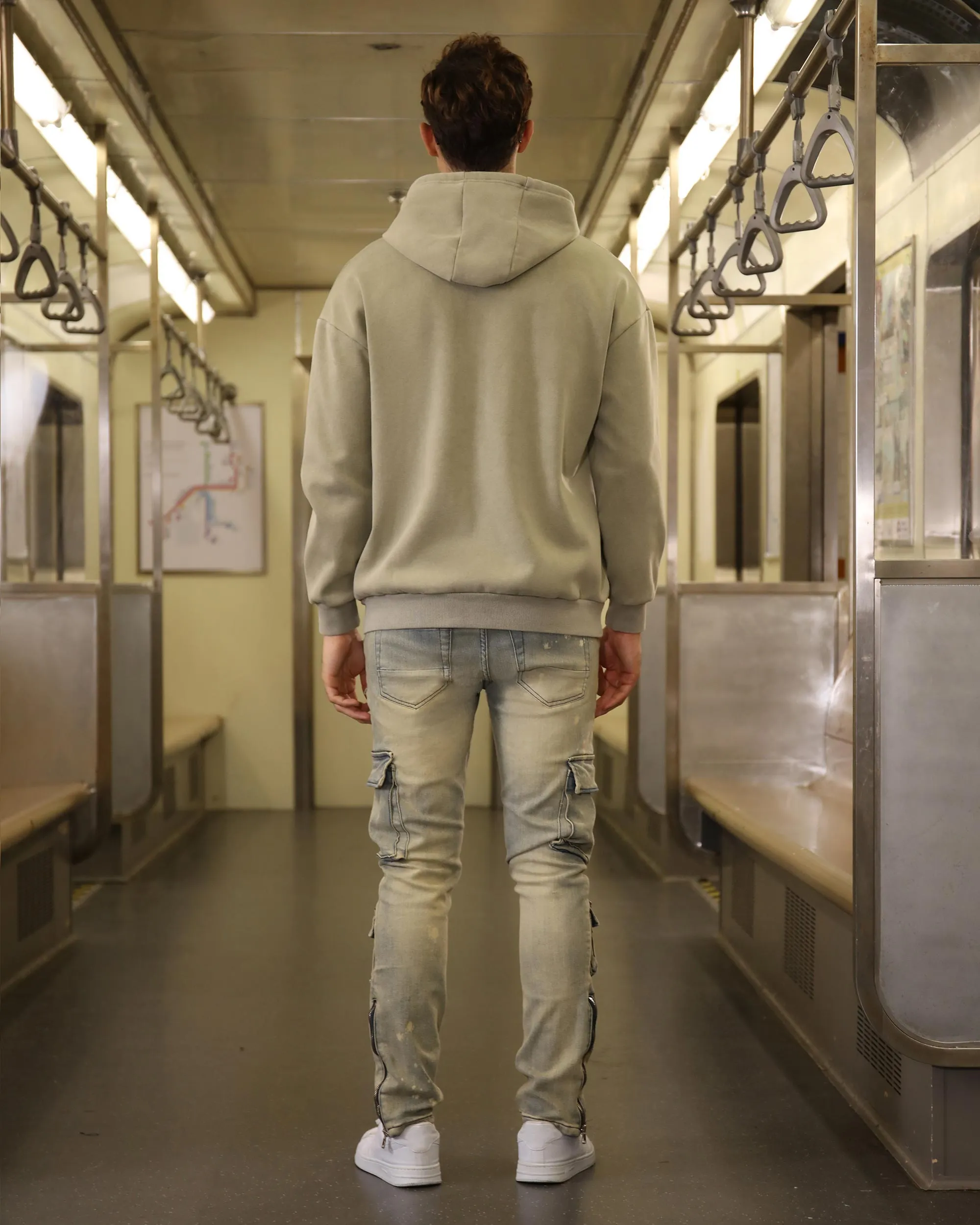 Spray-Painted Distressed Blue Jeans with Cargo Pockets