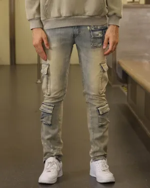 Spray-Painted Distressed Blue Jeans with Cargo Pockets