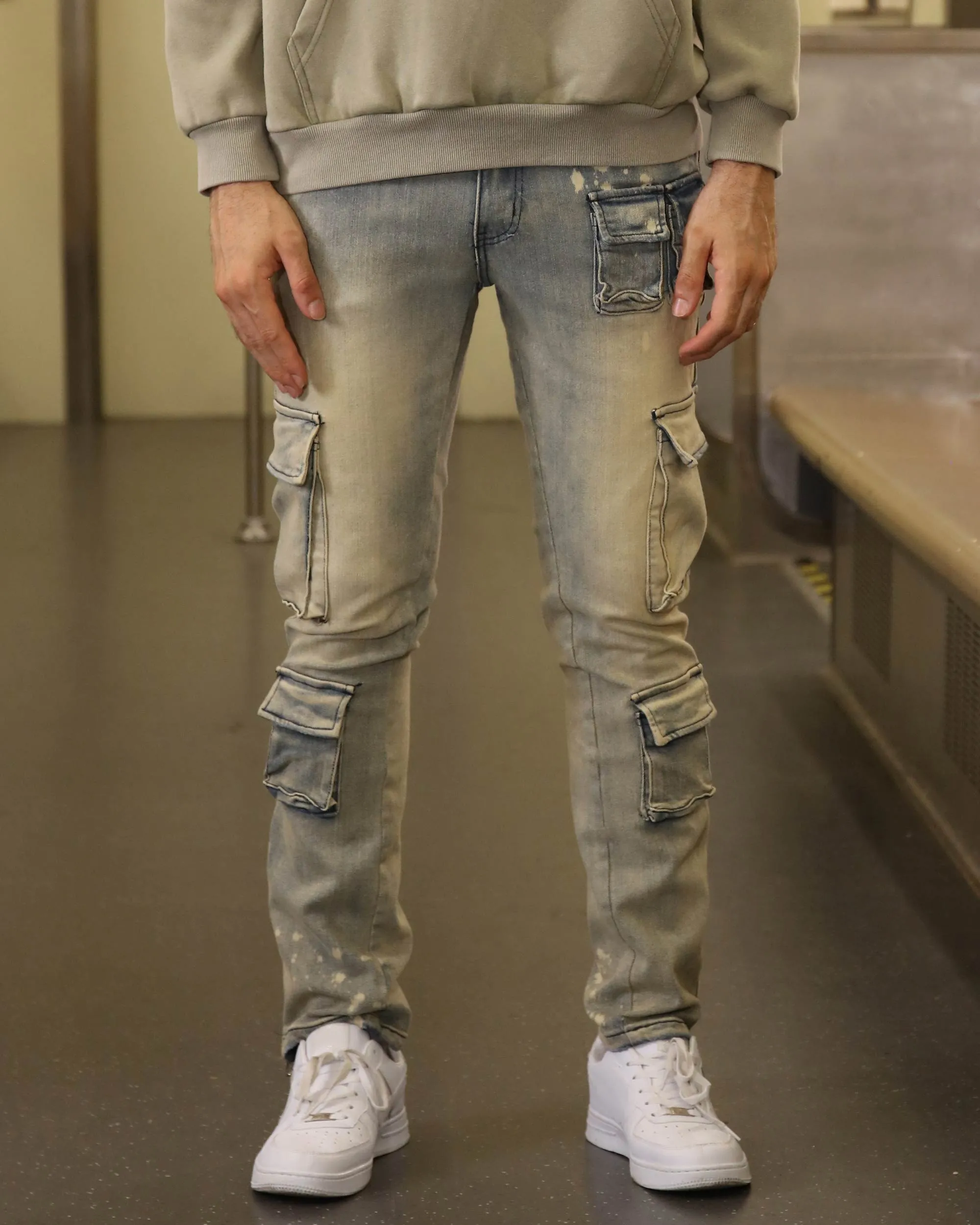 Spray-Painted Distressed Blue Jeans with Cargo Pockets