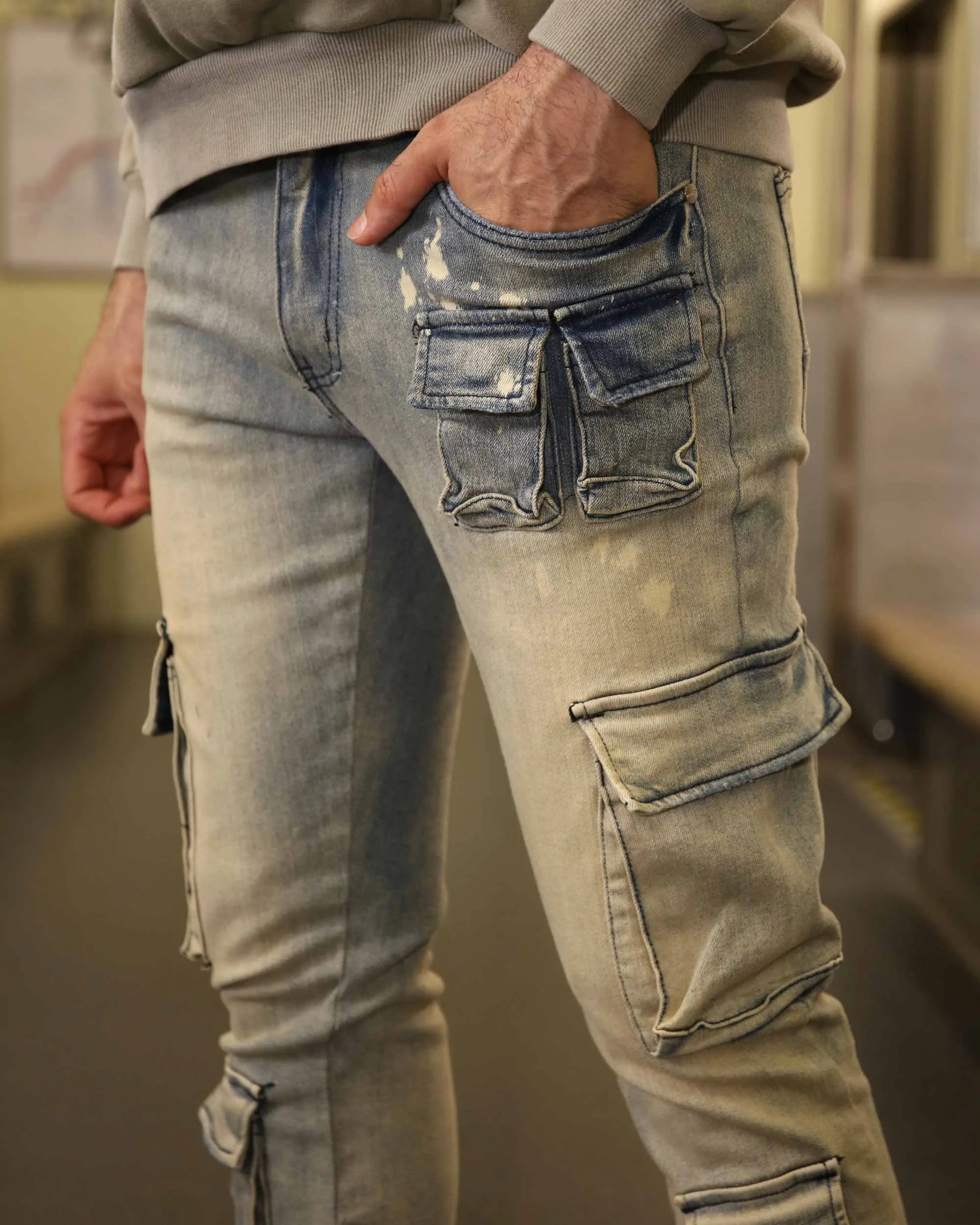 Spray-Painted Distressed Blue Jeans with Cargo Pockets