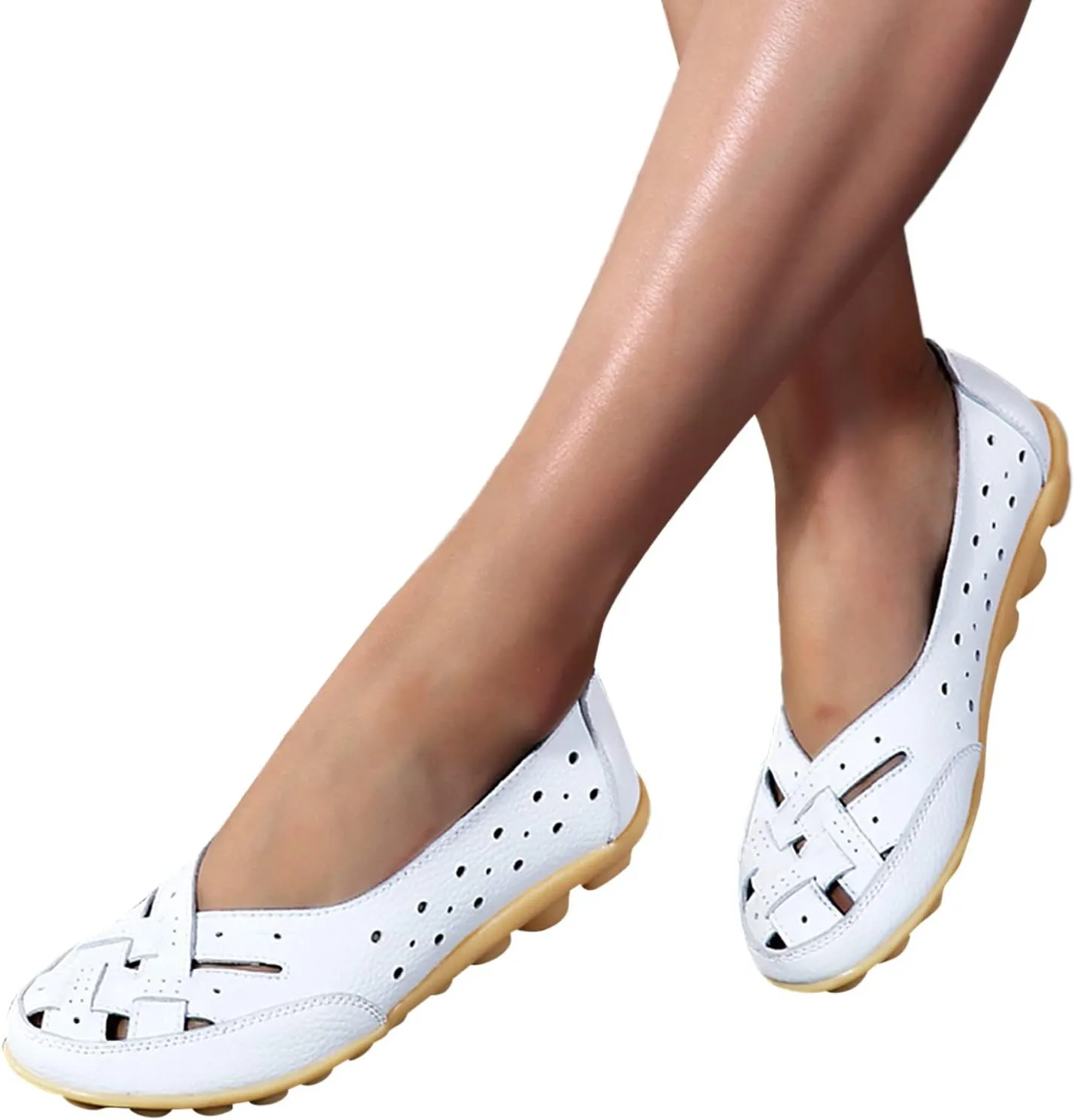 SuanlaTDS Slip On Women Comfort Walking Flat Loafers Casual Shoes Driving Loafers Walking Shoes for Women Women's Business Casual Shoes (White, 8)