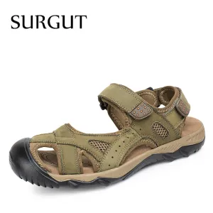 Summer Men's Sandals High Quality Real Leather Mens Shoes Slippers Beach Walking Casual Shoes Big Size 39-47