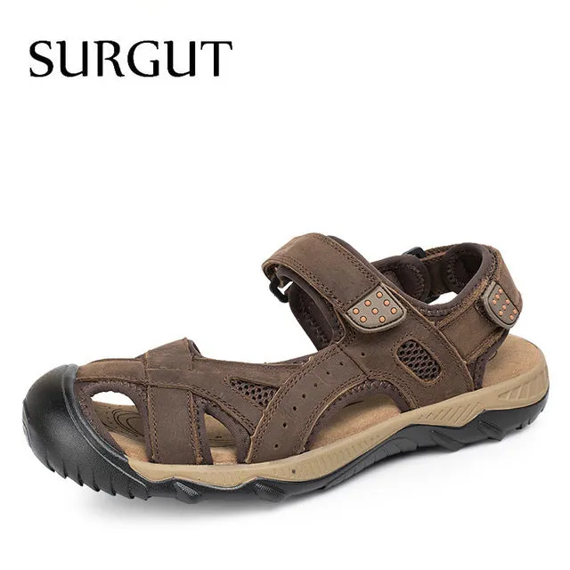 Summer Men's Sandals High Quality Real Leather Mens Shoes Slippers Beach Walking Casual Shoes Big Size 39-47