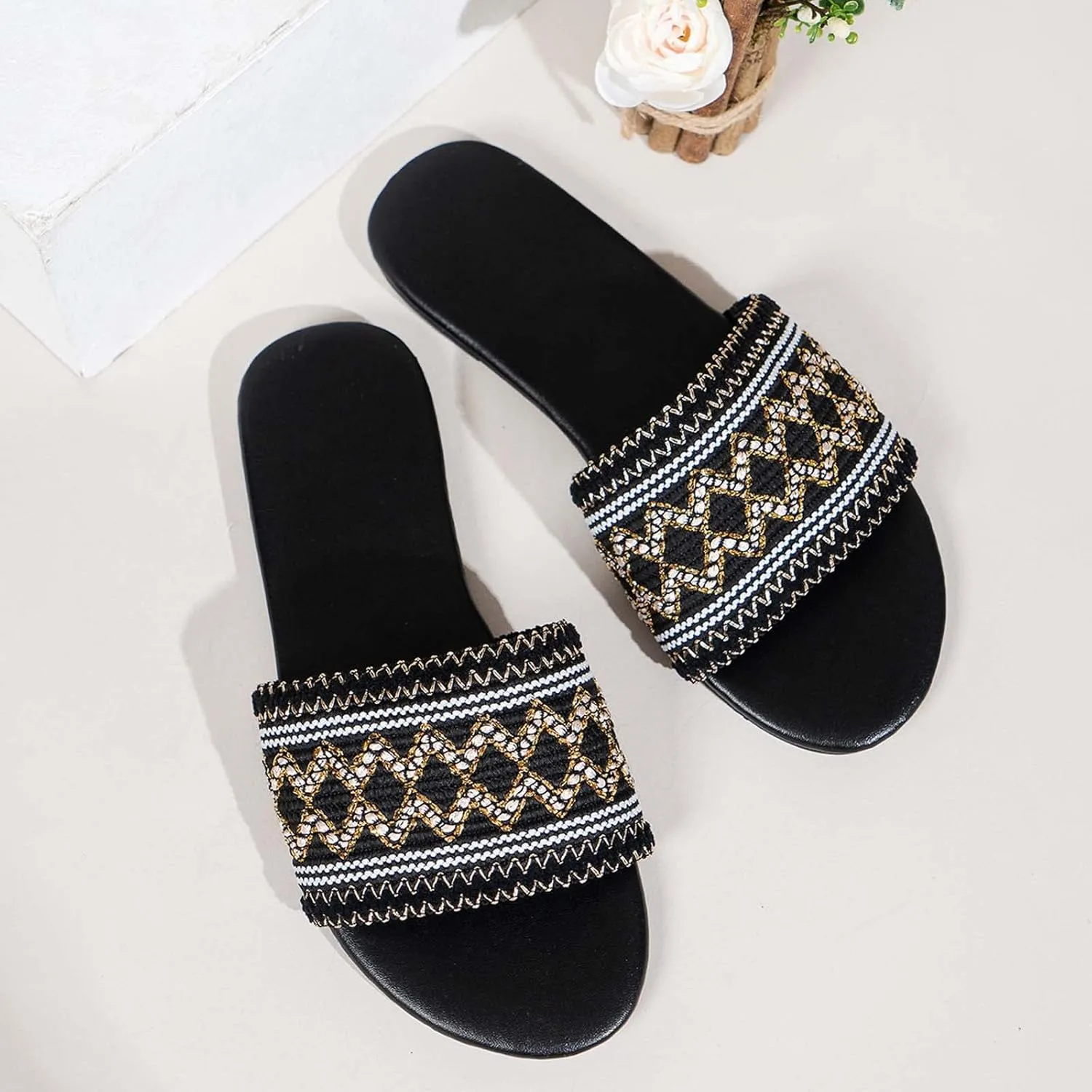 Summer Womens Sandals 2023 Fashion Flat Color Block Open Toe Slip on Slides Ethnic Style Slipper Comfortable Outdoor Ladies Casual Shoes Sandalias