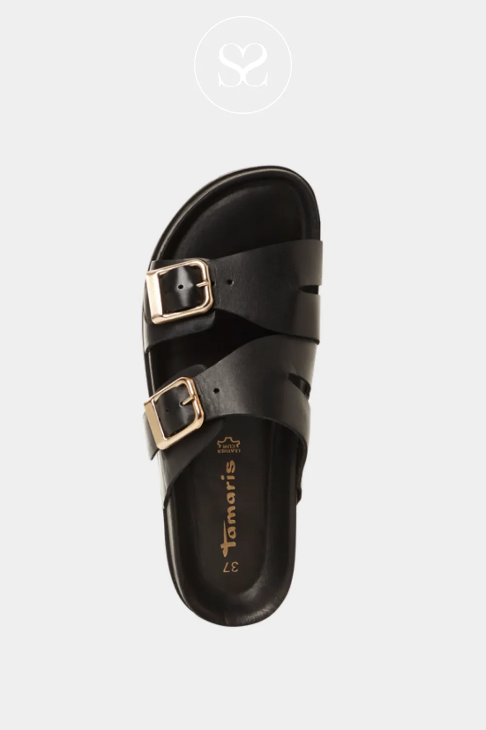 TAMARIS 1-27500-44 BLACK LEATHER DOUBLE STRAP SLIDER SANDALS